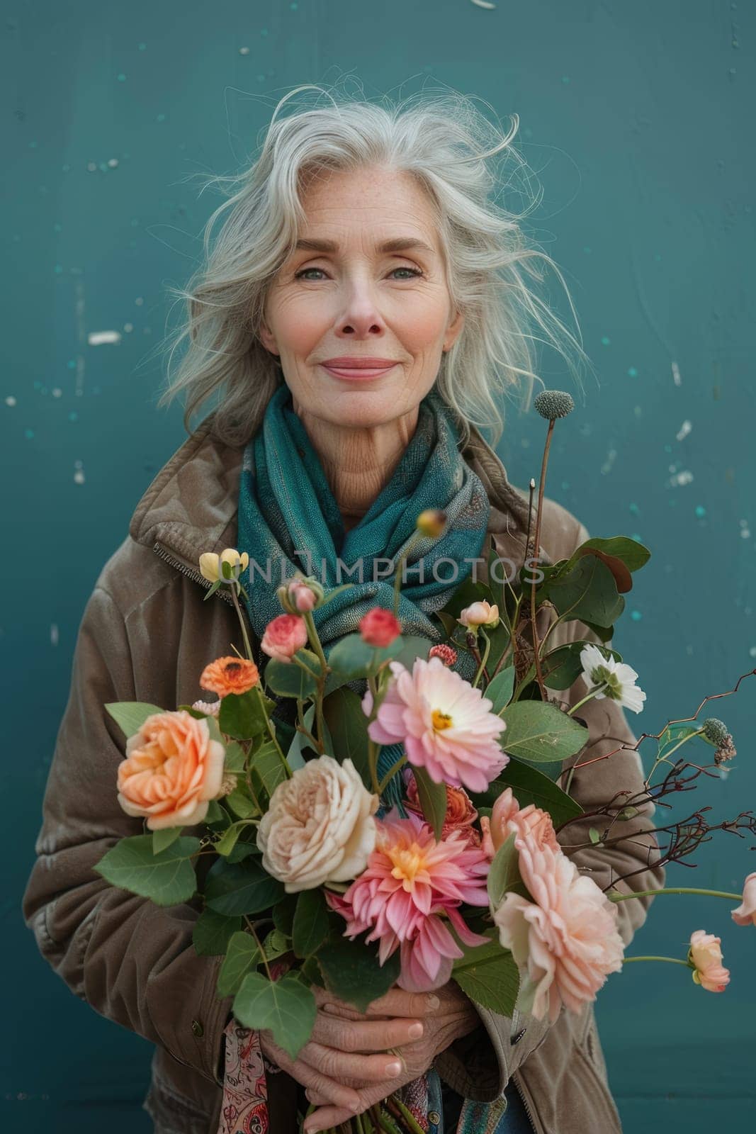 International Women's Day. portrait of happy mature woman holding flowers . ai generated