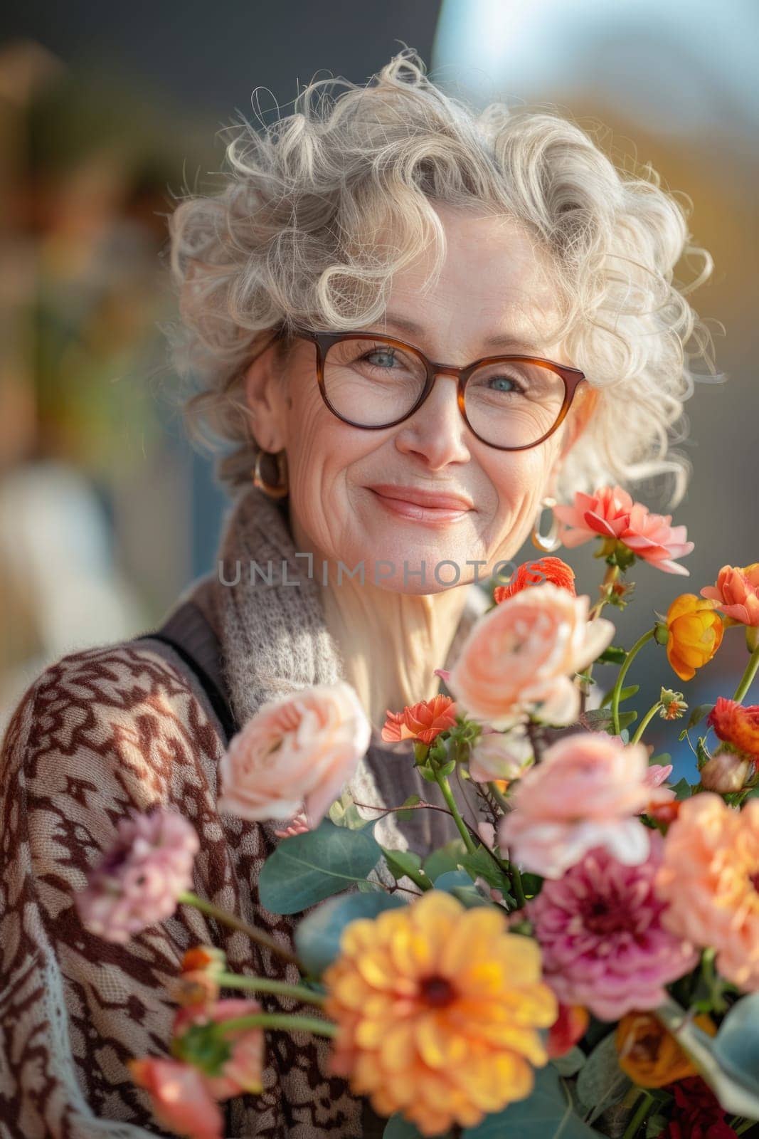 portrait of happy mature woman with flowers outdoors. ai generated by Desperada