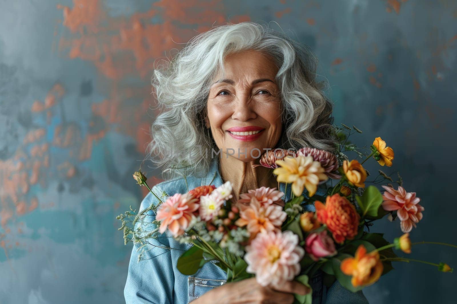 International Women's Day. portrait of happy mature woman holding flowers . ai generated