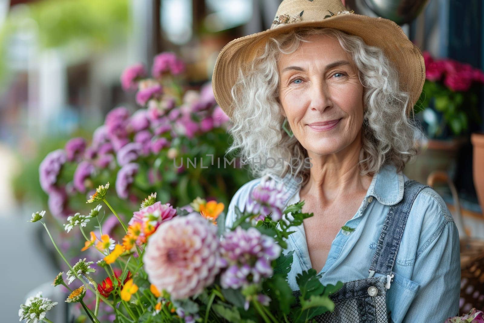 International Women's Day. portrait of happy mature woman holding flowers . ai generated
