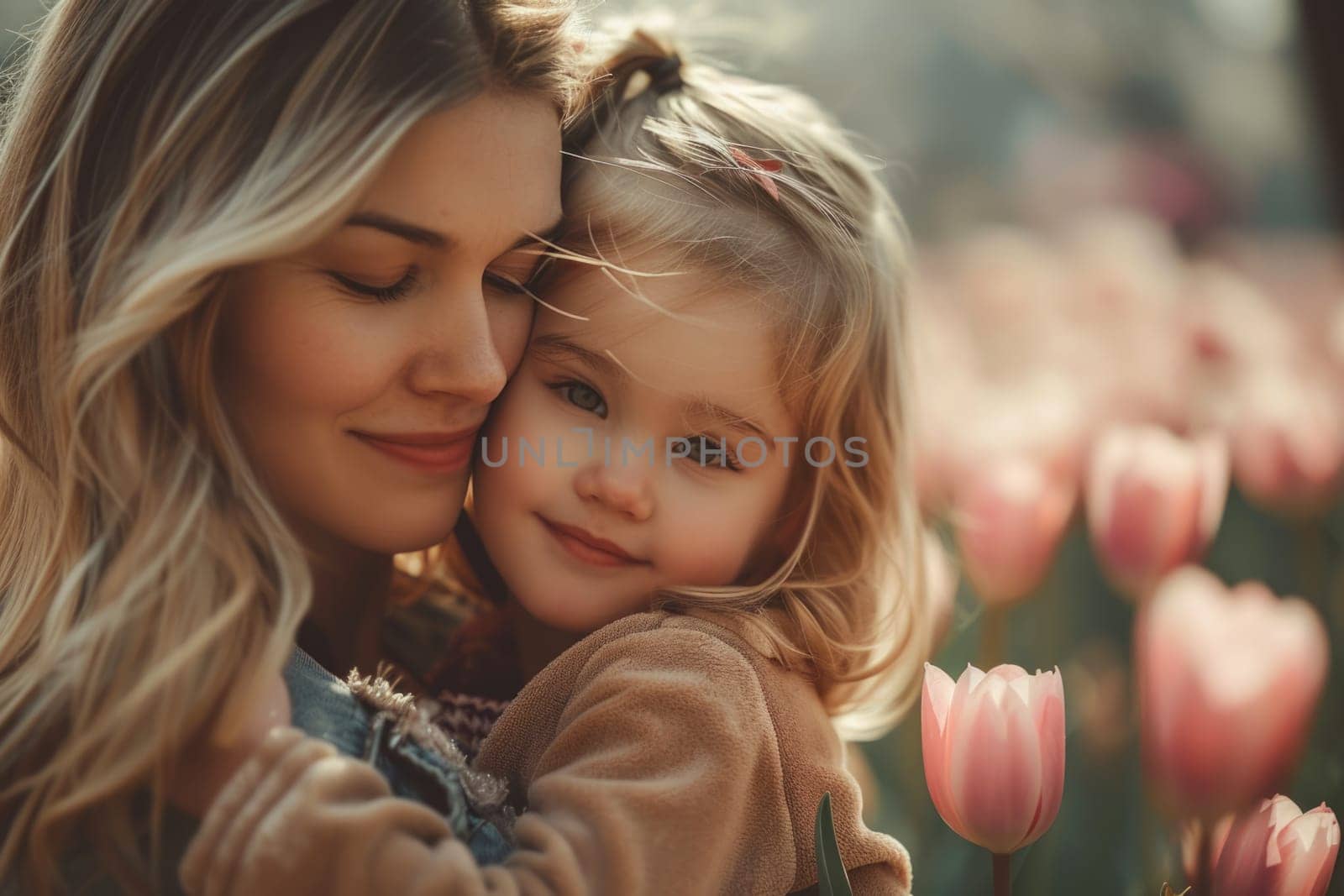 Happy mother's day! Child daughter congratulates mom and gives her flowers. Mum and girl smiling and hugging. Family holiday and togetherness. ai generated