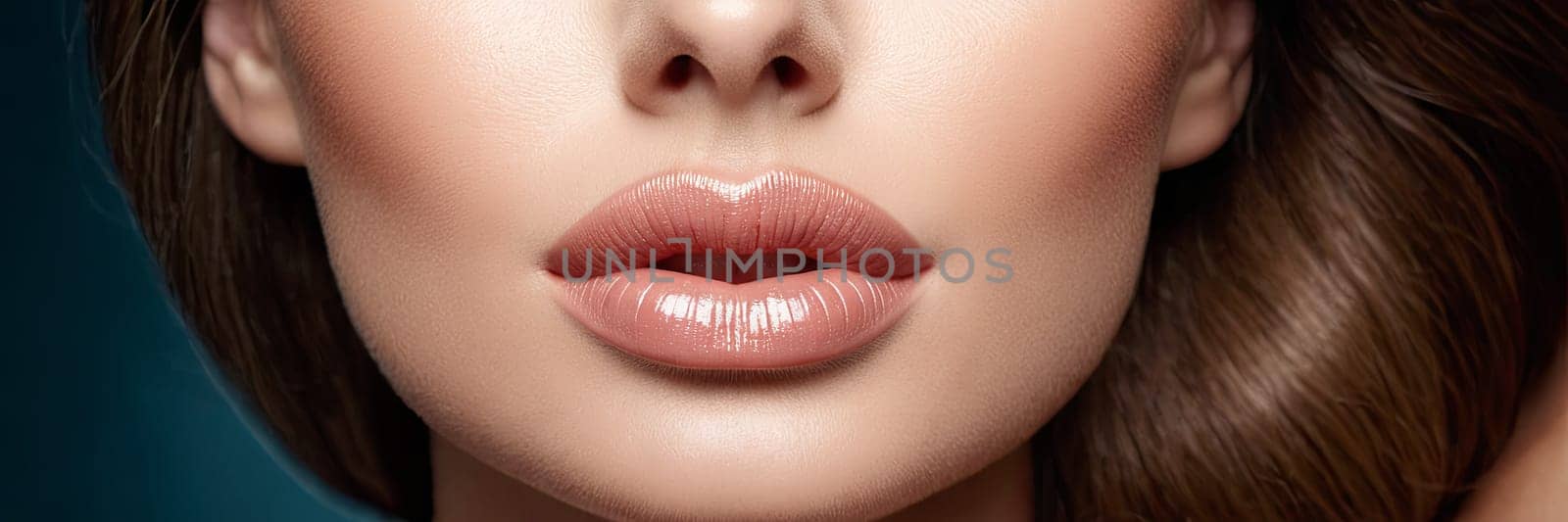 Close-up woman lower face, showcasing clear complexion against a blue background. Image captures detail of skin texture, lips, used for skin care promotion. by Matiunina