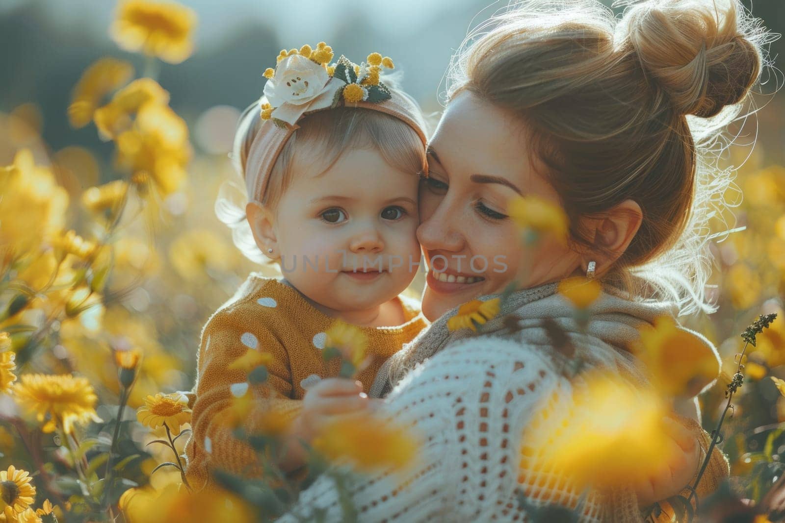 Happy mother's day! Child daughter congratulates mom and gives her flowers. Mum and girl smiling and hugging. Family holiday and togetherness. ai generated