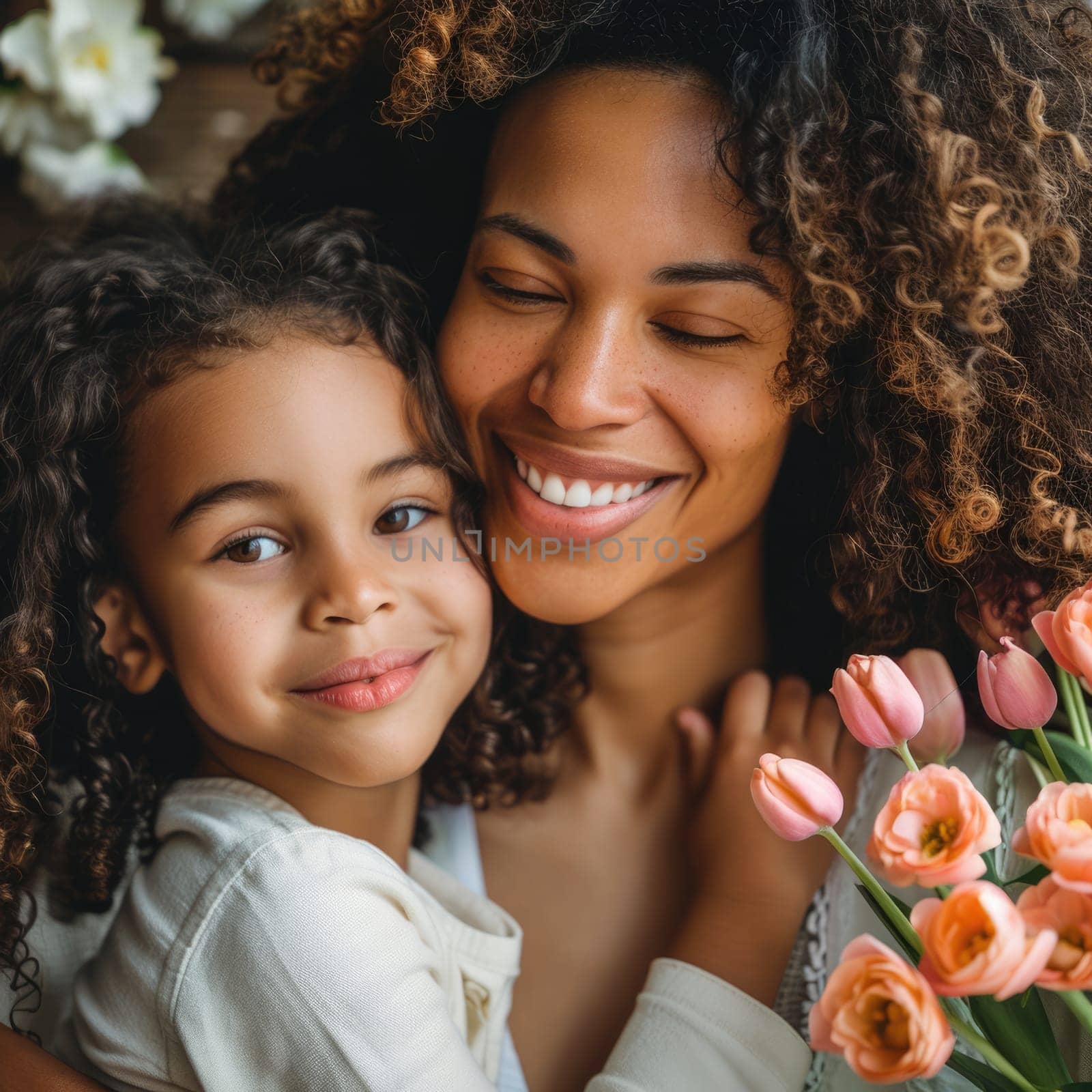 Happy mother's day! Child daughter congratulates mom and gives her flowers. Mum and girl smiling and hugging. Family holiday and togetherness. ai generated