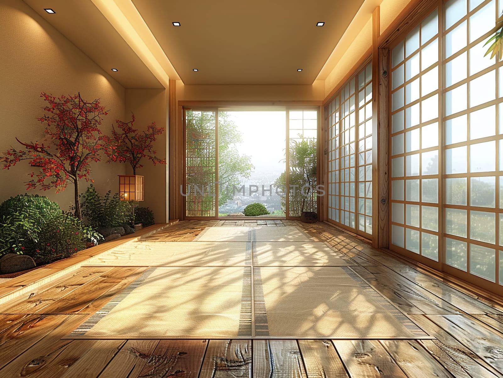 Traditional Japanese tea room with tatami flooring and shoji screens by Benzoix
