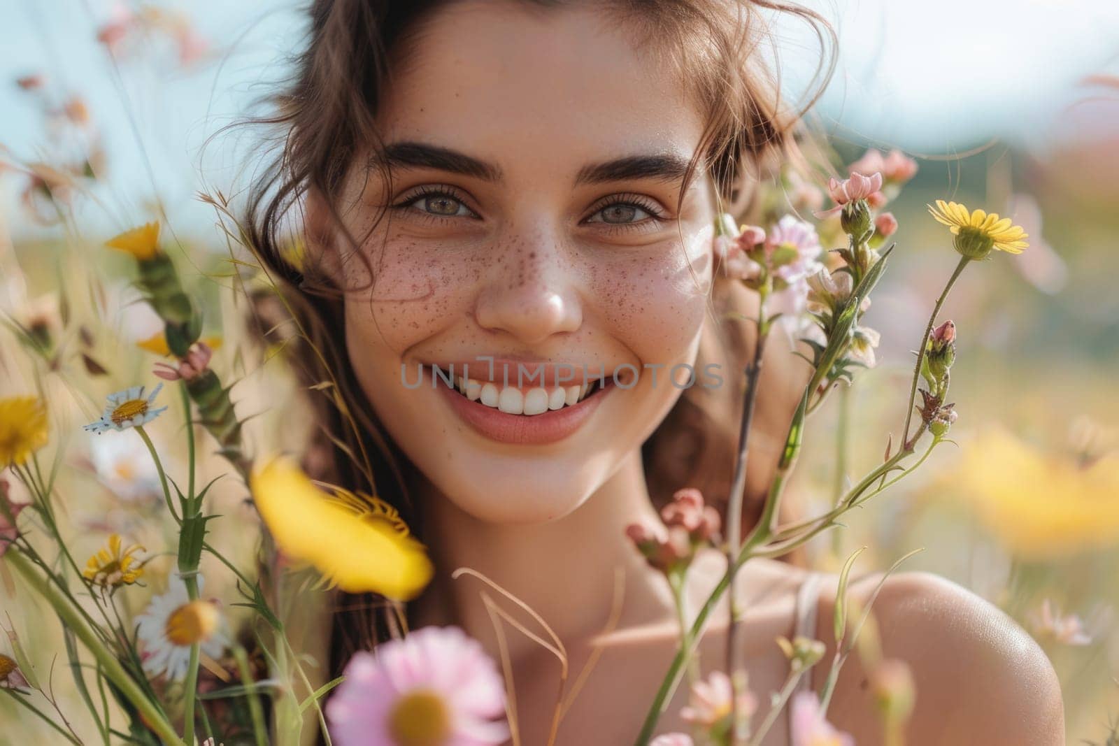 International Women's Day. portrait of happy woman in flowers outdoors. ai generated