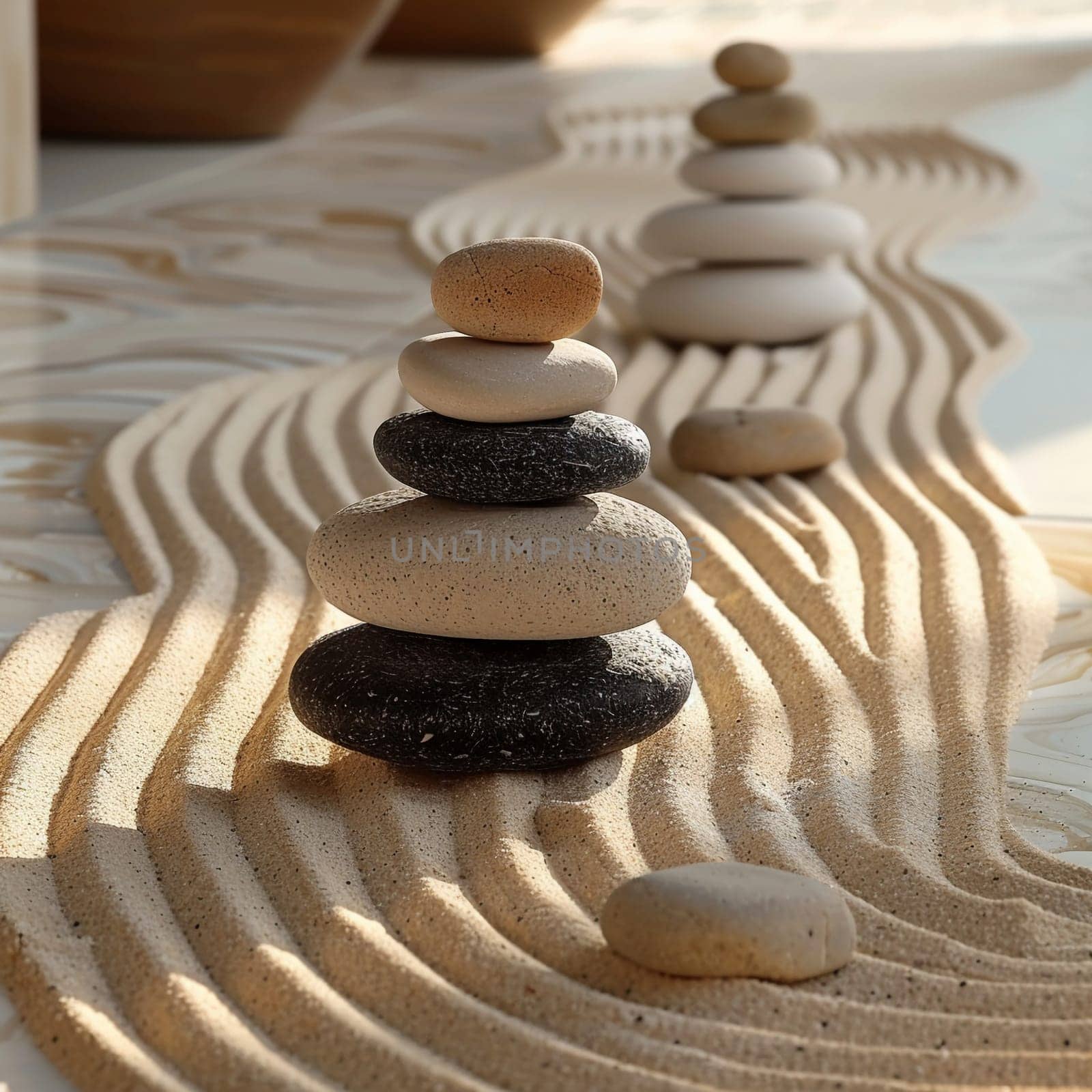 Tranquil Zen garden with raked sand and stones, suggesting peace and meditation.