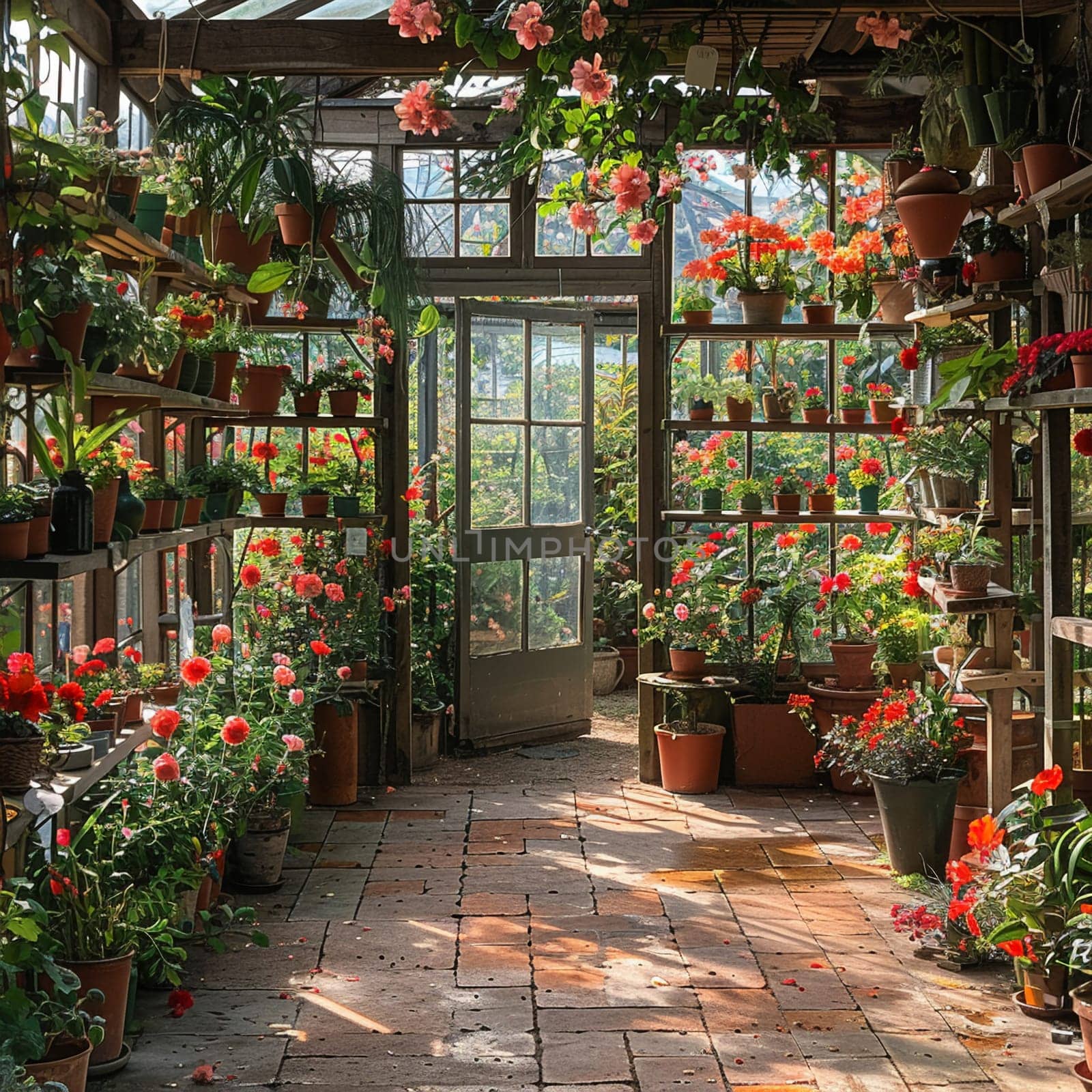 Victorian greenhouse with a collection of exotic plants and flowers.
