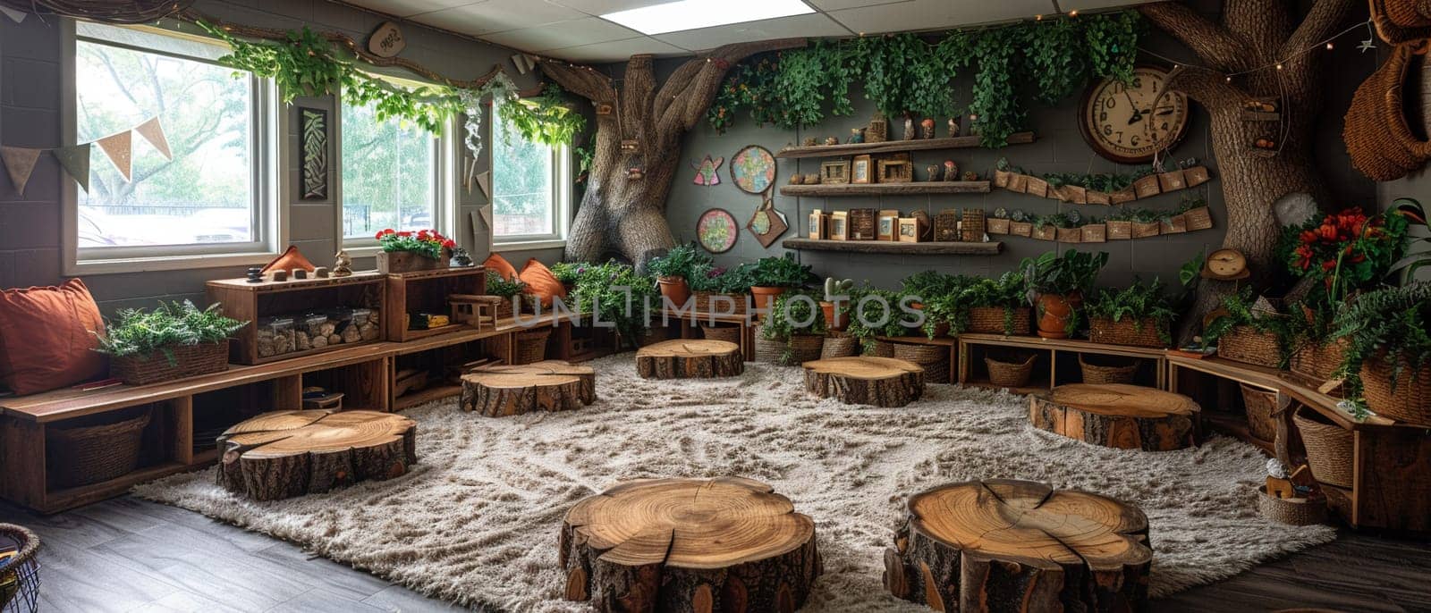 Forest-inspired classroom with tree decals and natural materials by Benzoix