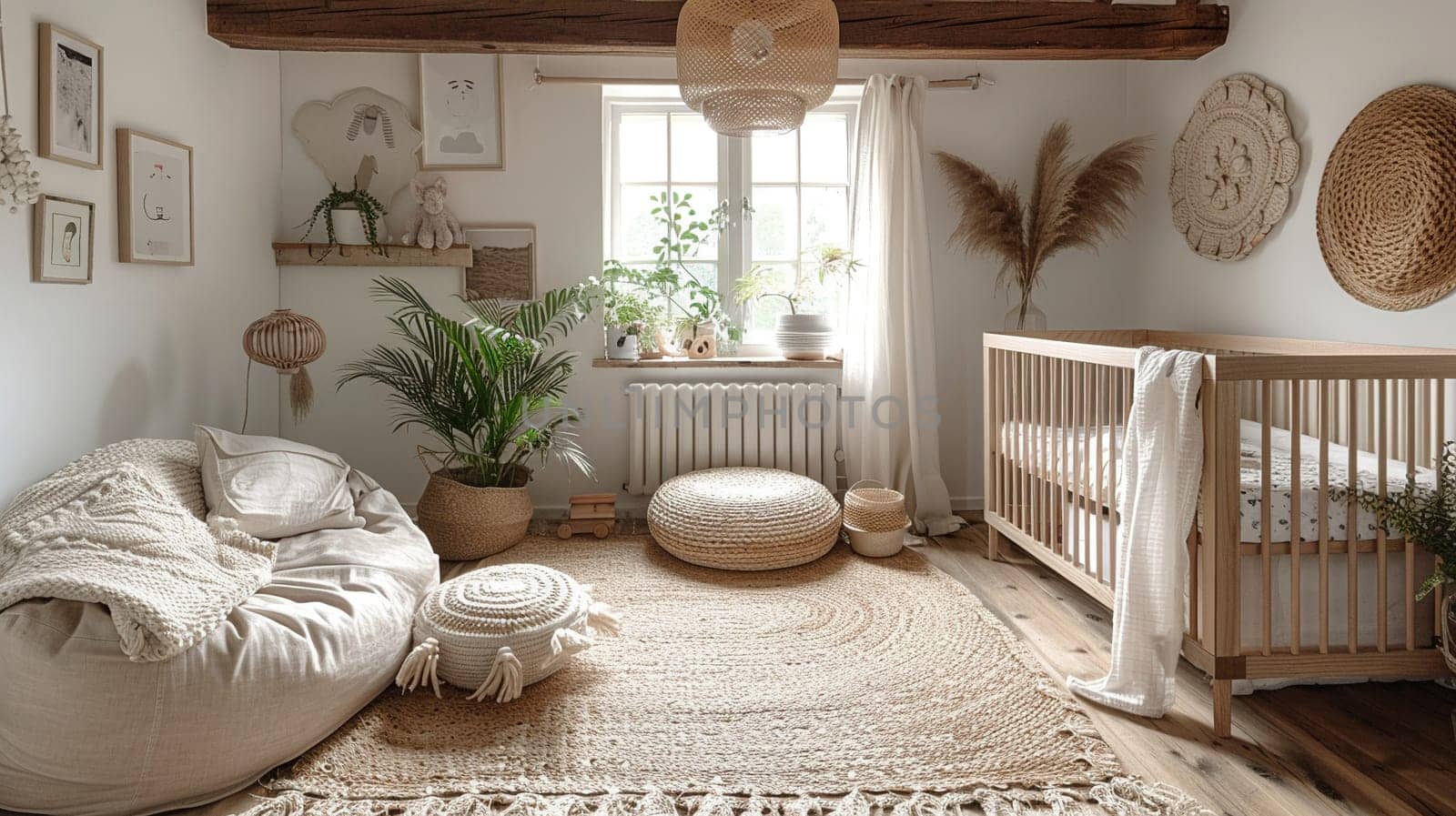 Minimalist Scandinavian nursery with natural wood, soft textiles, and muted colors.