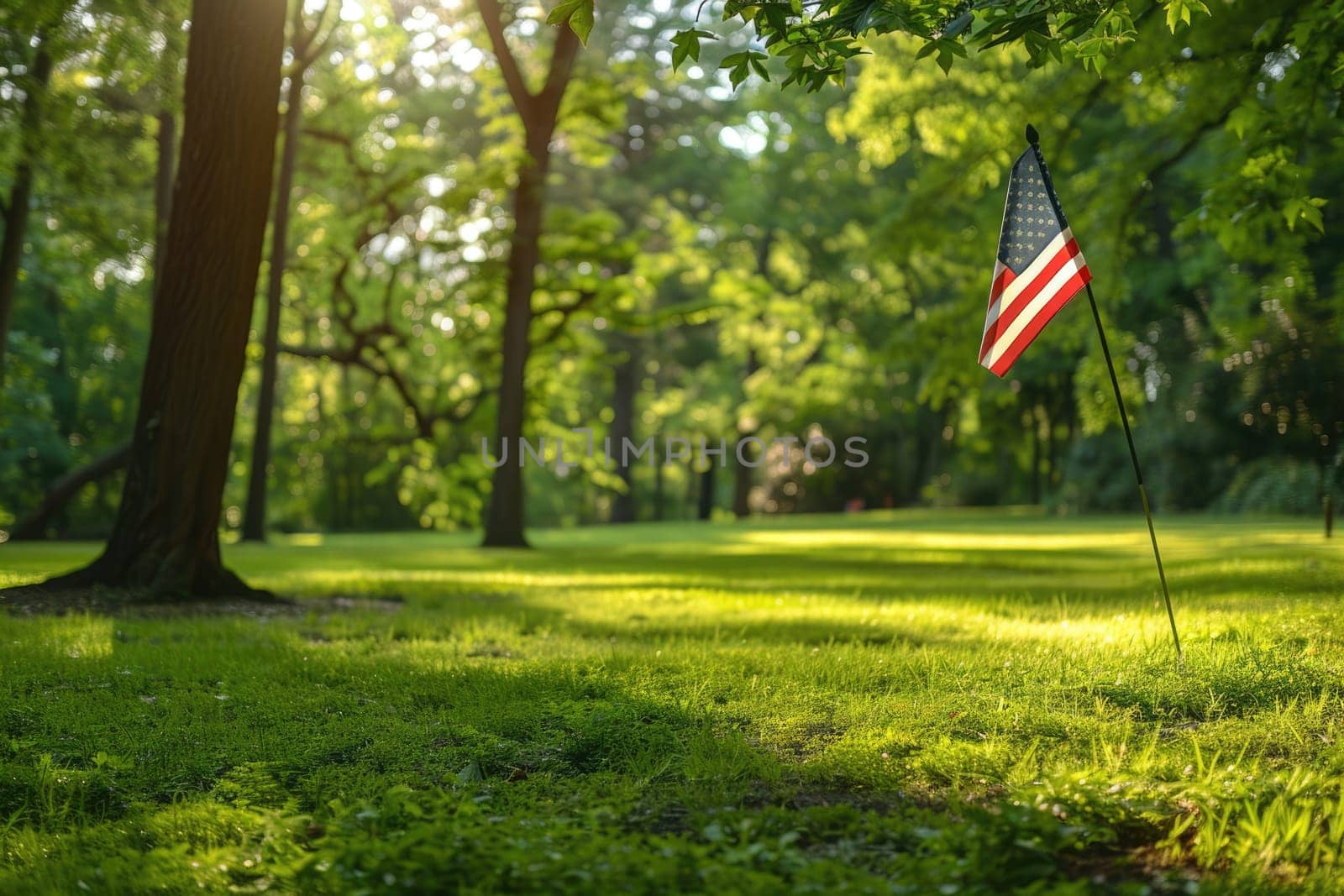 US flag on green field. memorial day concept. ai generated