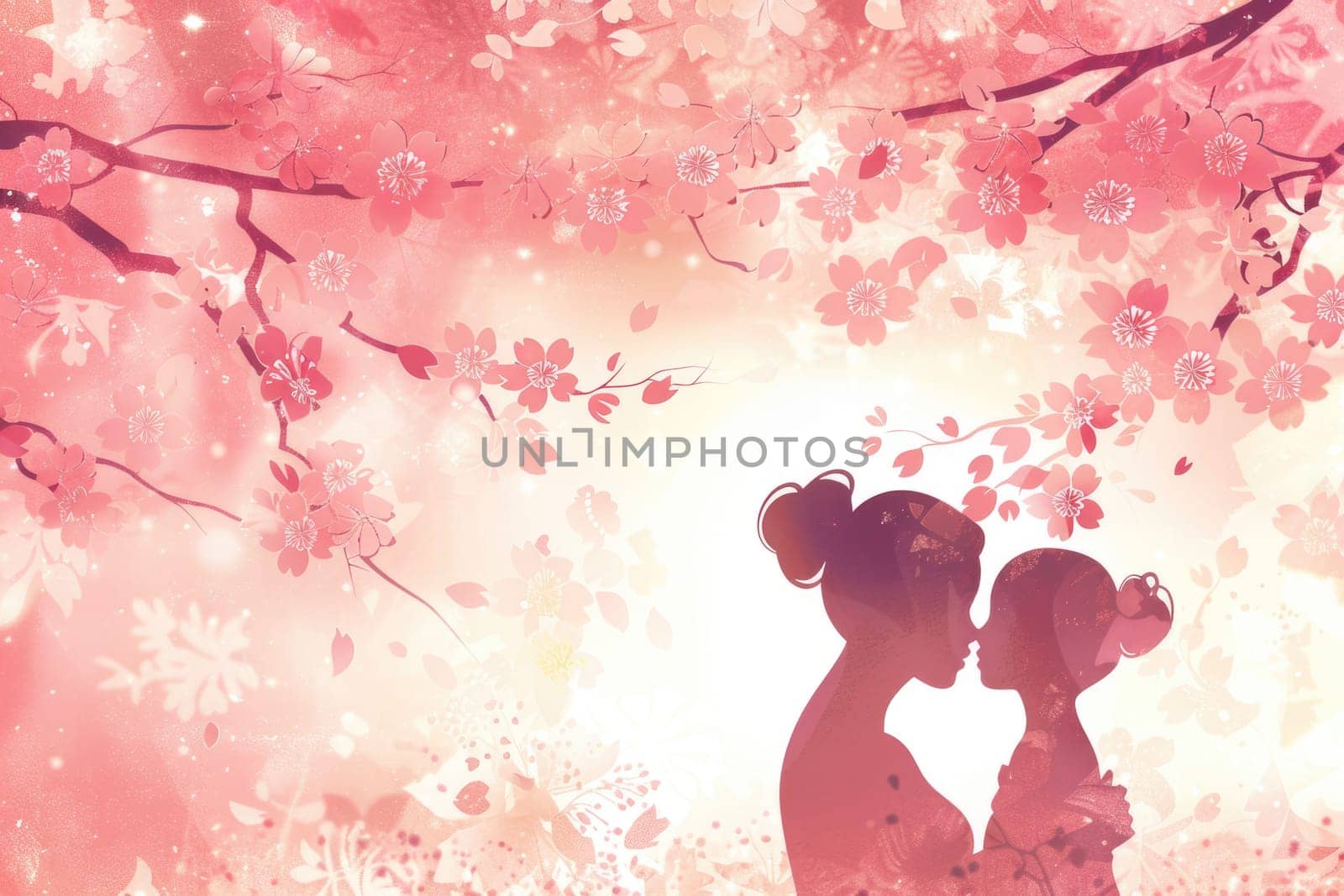 Mother and daughter smiling and hugging. Family holiday and togetherness. illustration style, silhouette. ai generated