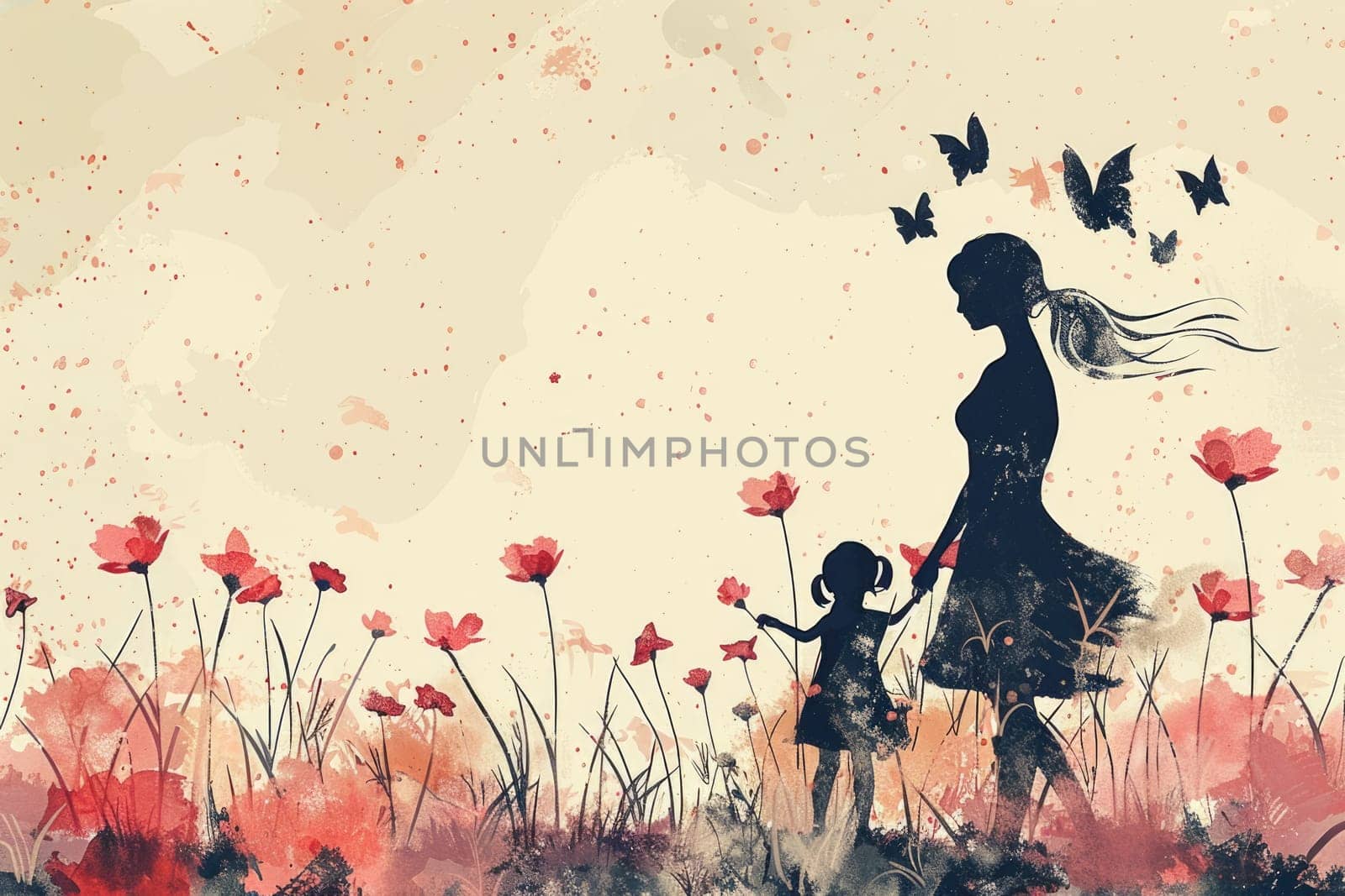 Mother and daughter smiling and walking in flower field. Family holiday and togetherness. illustration style, silhouettes. ai generated