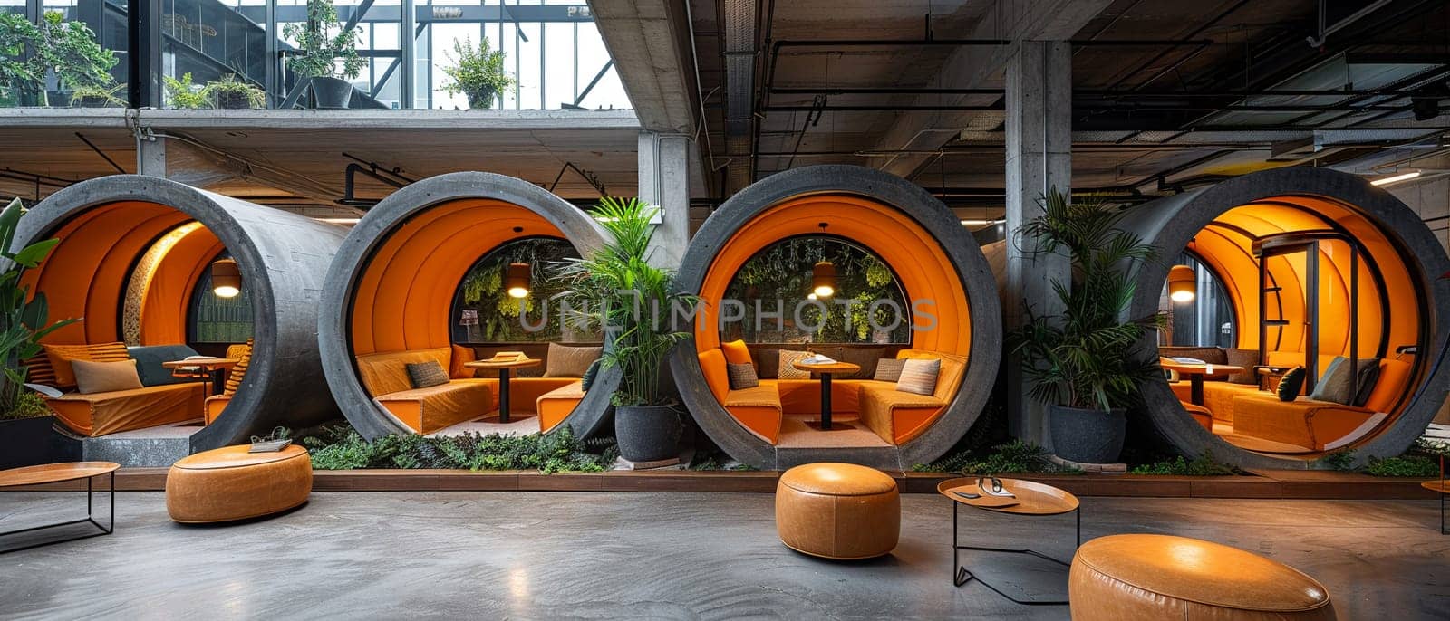 Tech startup office with open workspaces and relaxation pods.