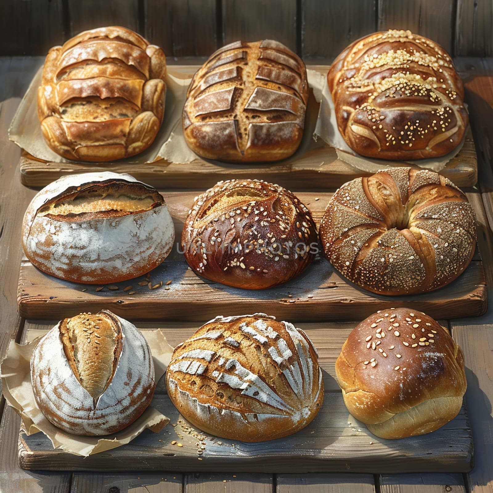 Set of artisan bread loaves, representing baking and artisanal food.