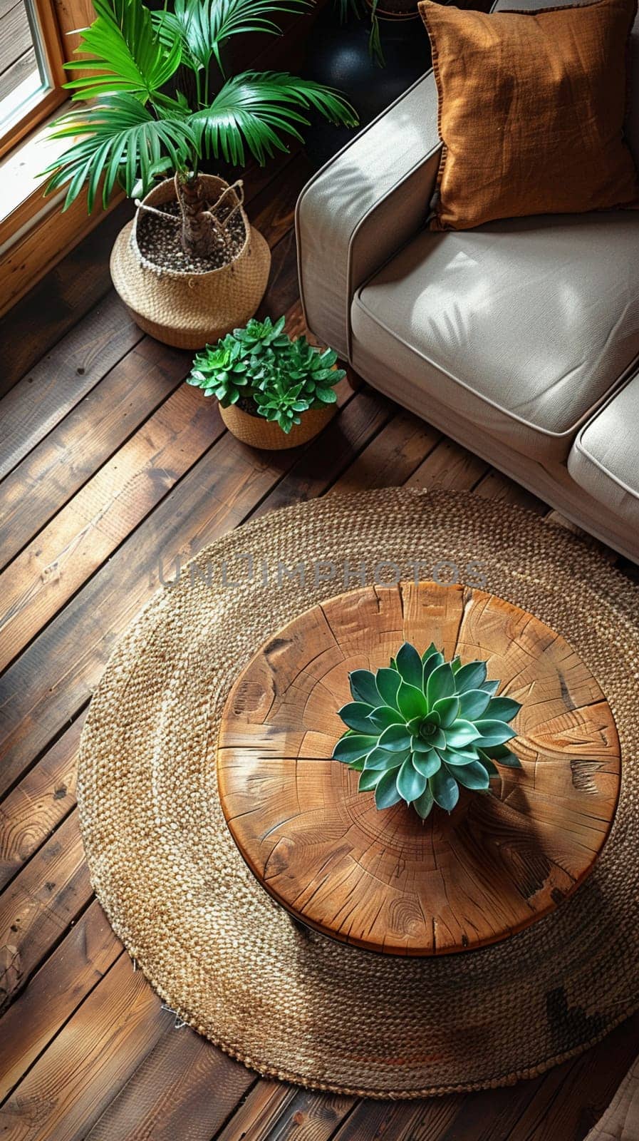 Overhead shot of a minimalist coffee table with a single succulent, embodying modern simplicity.