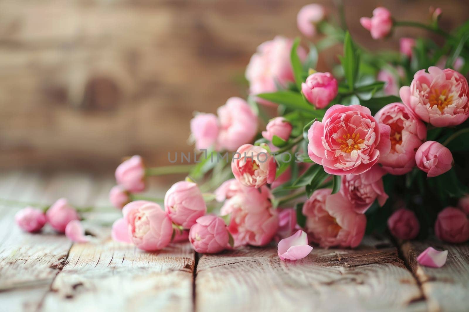 Flowers composition for Valentine's, Mother's or Women's Day. Pink flowers and card on old white wooden background. ai generated