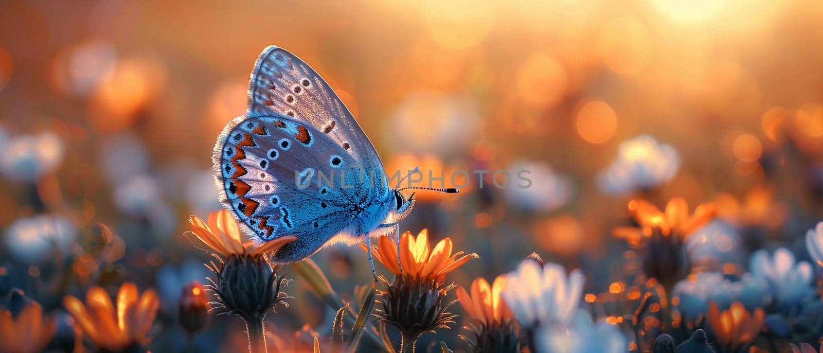 Macro shot of butterfly on wildflower, representing transformation and beauty.