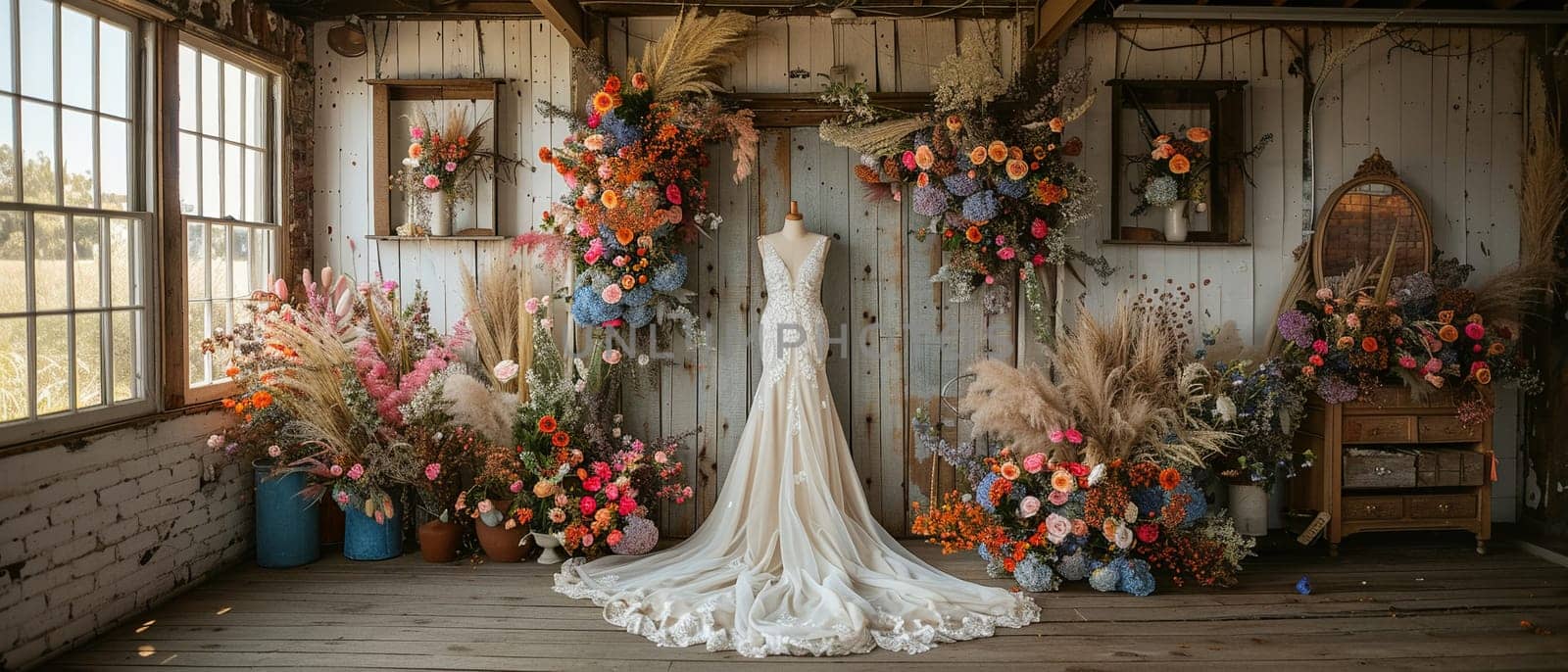 Boho-chic bridal boutique with vintage dresses and a floral arch by Benzoix