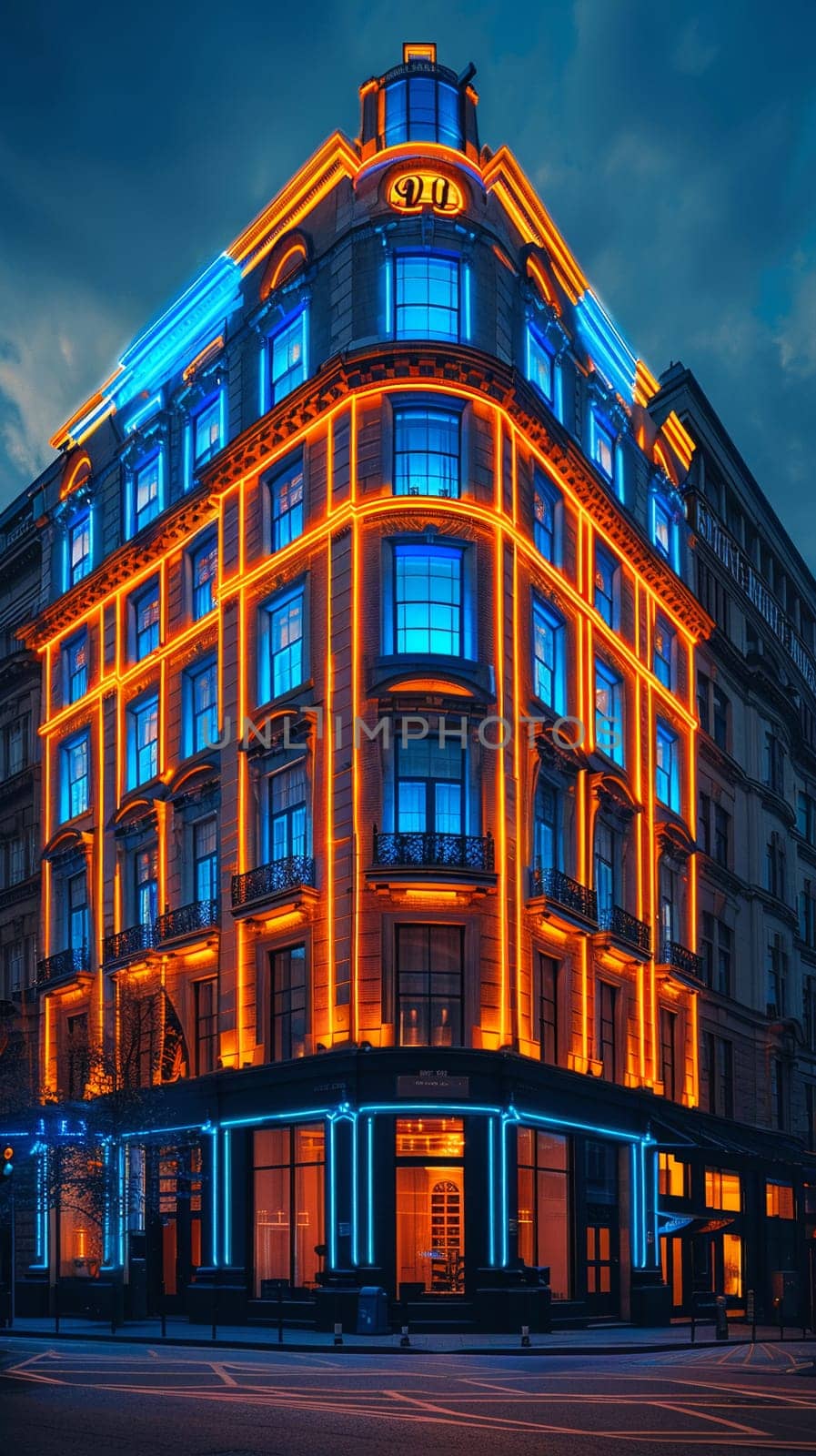 Classic Art Deco Facades on Historic Building, illuminated with neon lights.