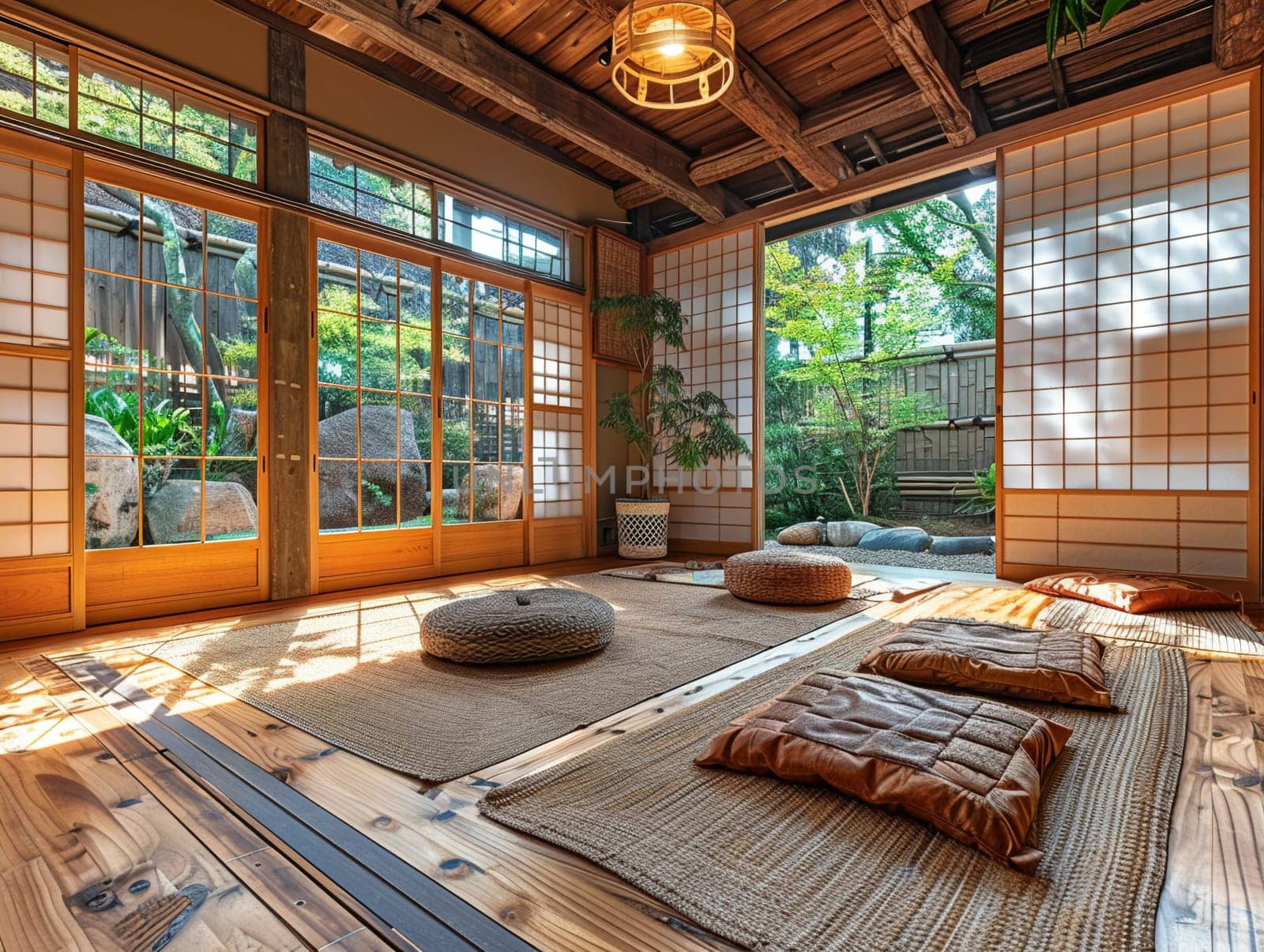 Traditional Japanese tea room with tatami flooring and shoji screens by Benzoix