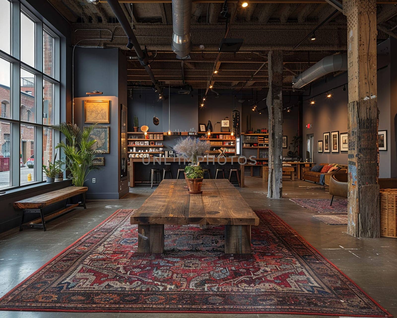 Industrial chic event space with raw textures and flexible layouts.