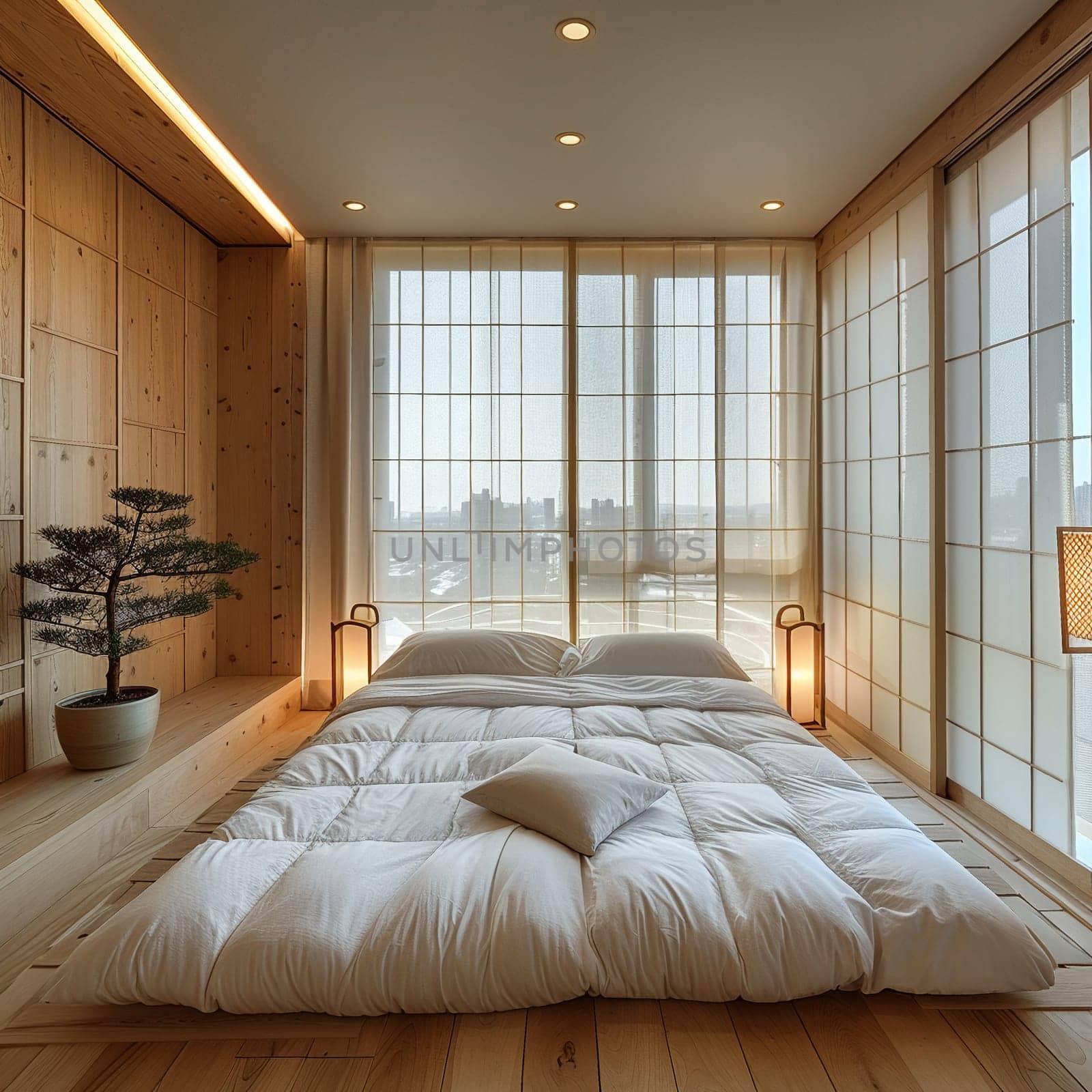 Minimalist Japanese-inspired bedroom with sliding shoji screens.