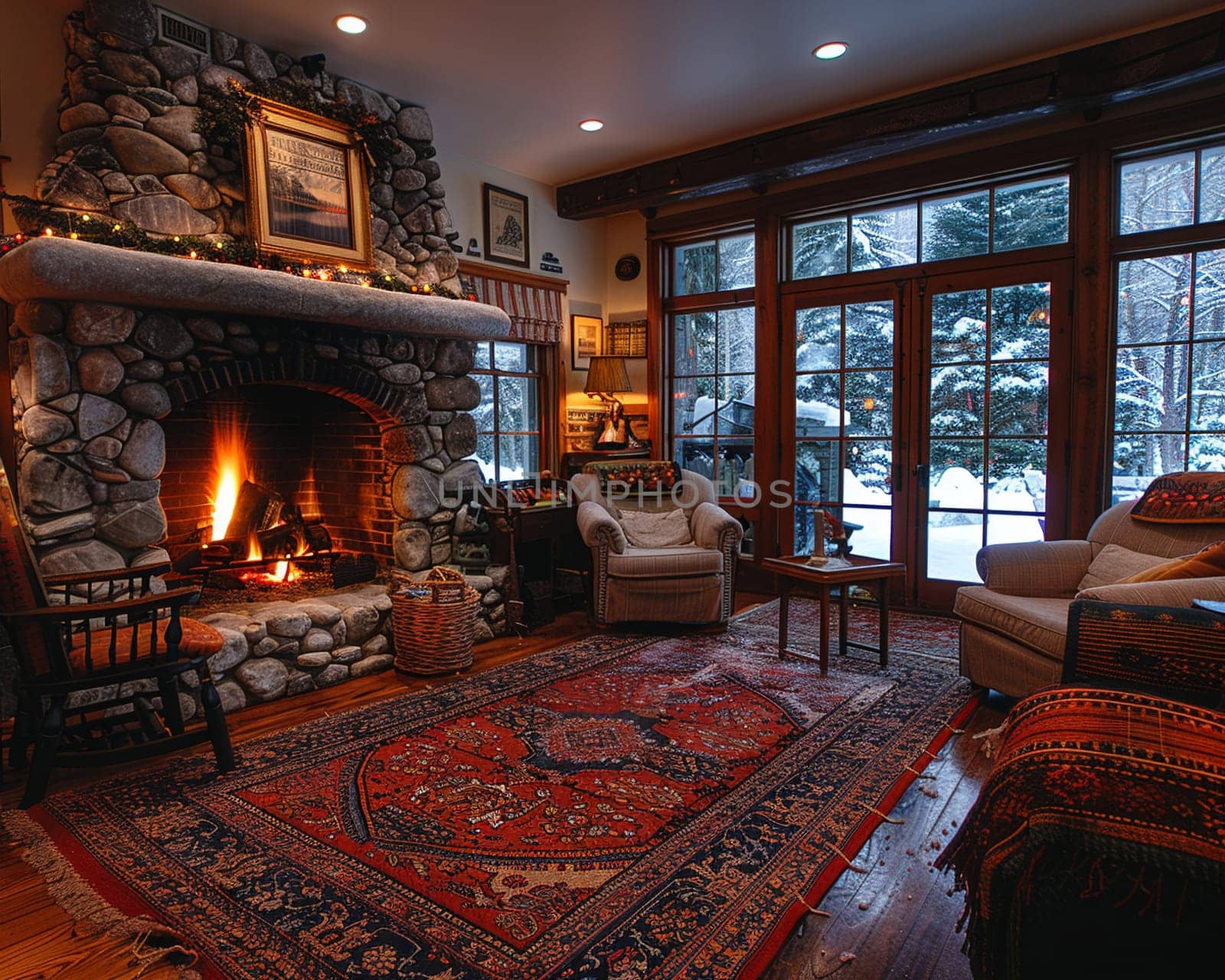 Cozy ski lodge living room with a stone fireplace and comfortable seating by Benzoix