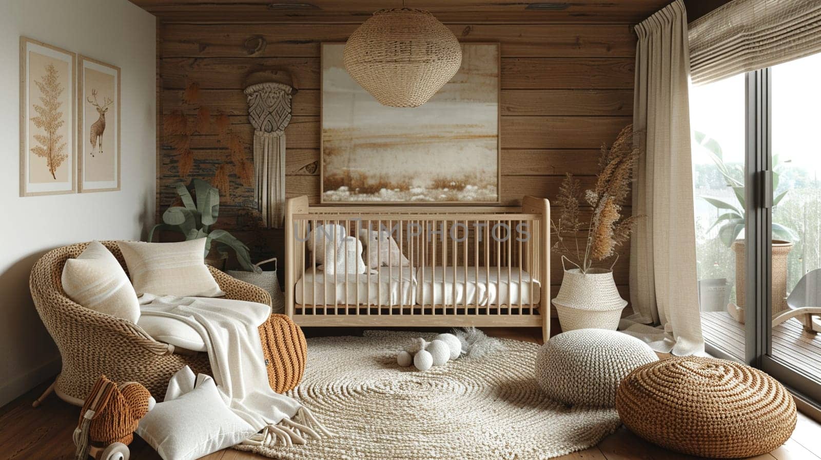 Minimalist Scandinavian nursery with natural wood soft textiles by Benzoix