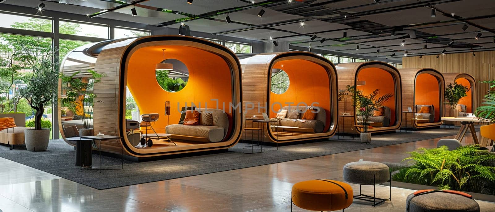 Tech startup office with open workspaces and relaxation pods.