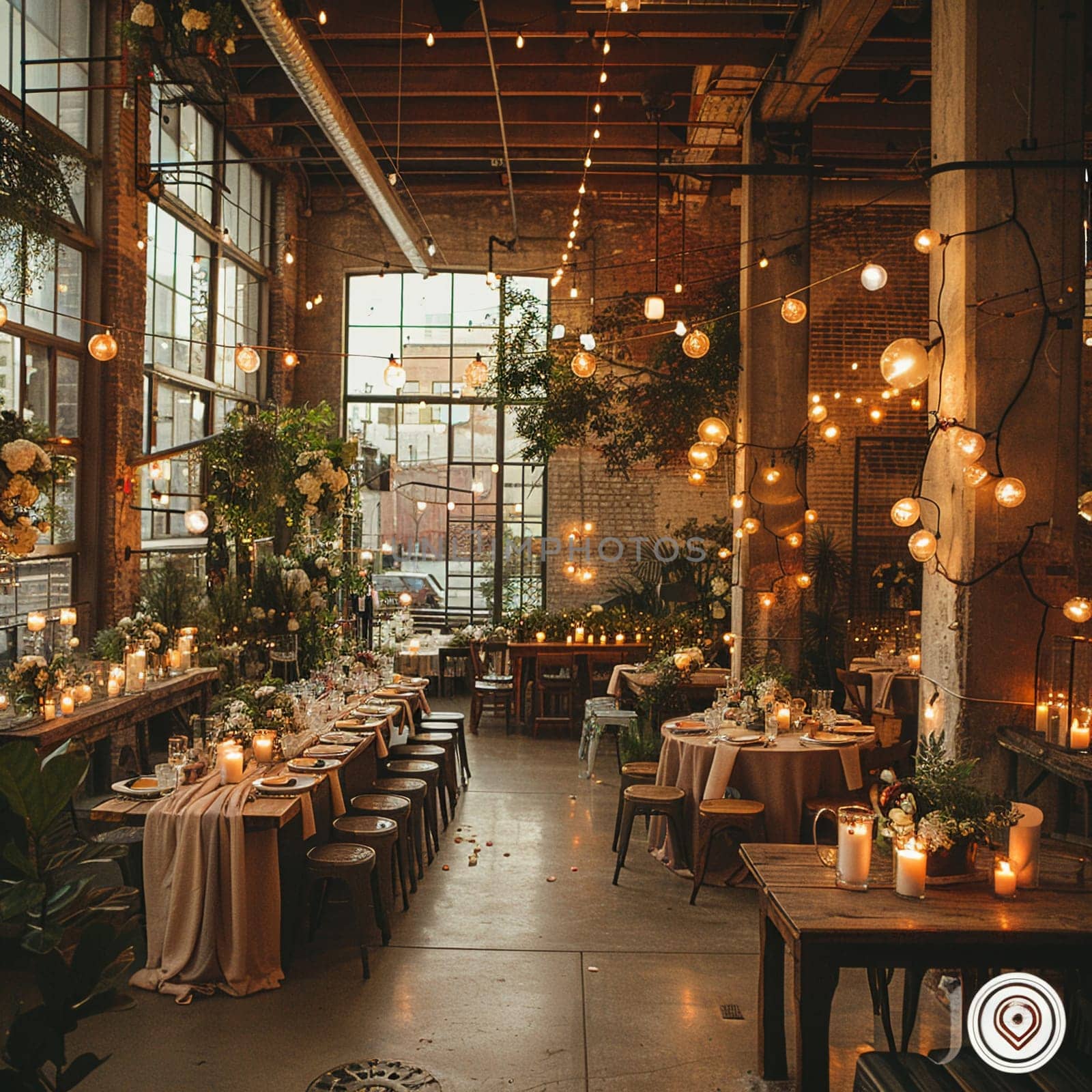 Industrial-chic wedding venue with metal beams and Edison lights.
