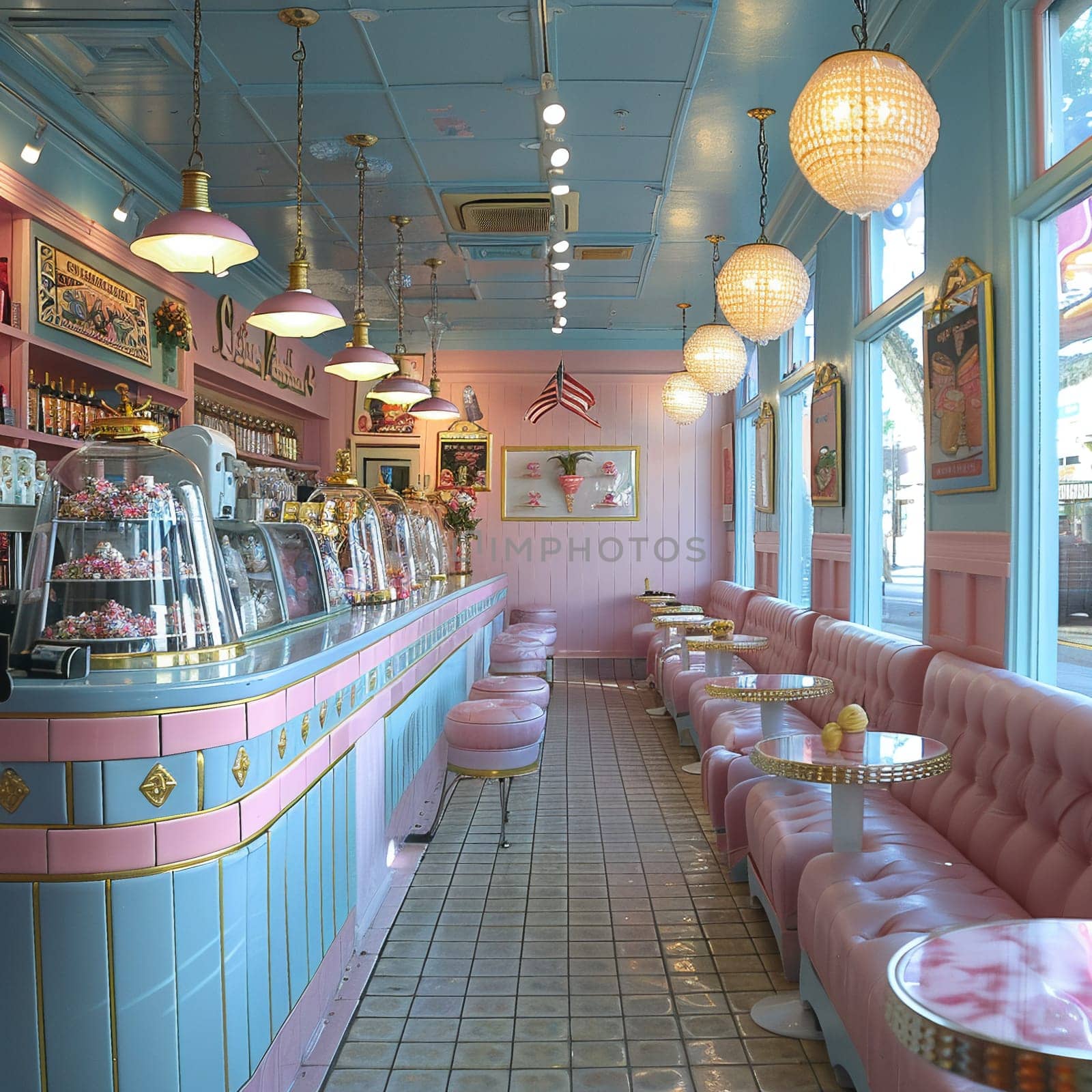 Whimsical ice cream parlor with pastel colors and vintage decor