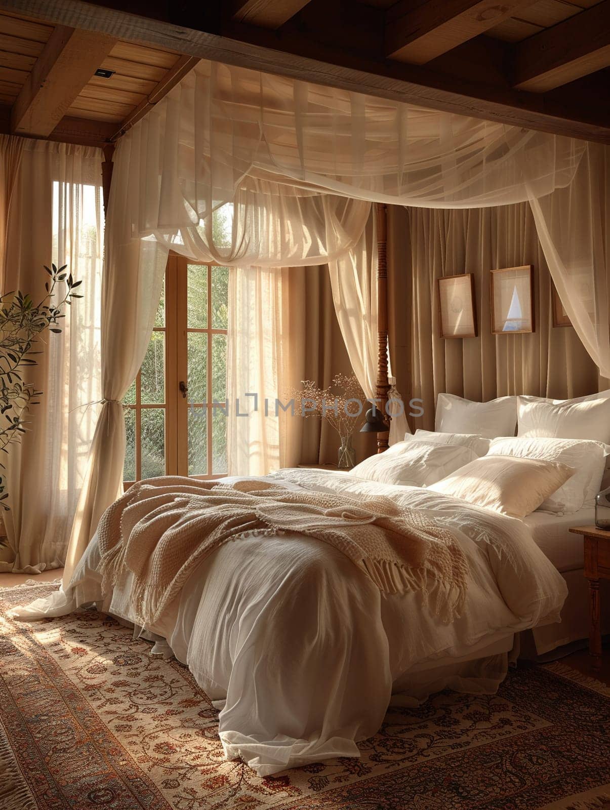 Romantic bedroom with soft lighting, sheer curtains, and a four-poster bed