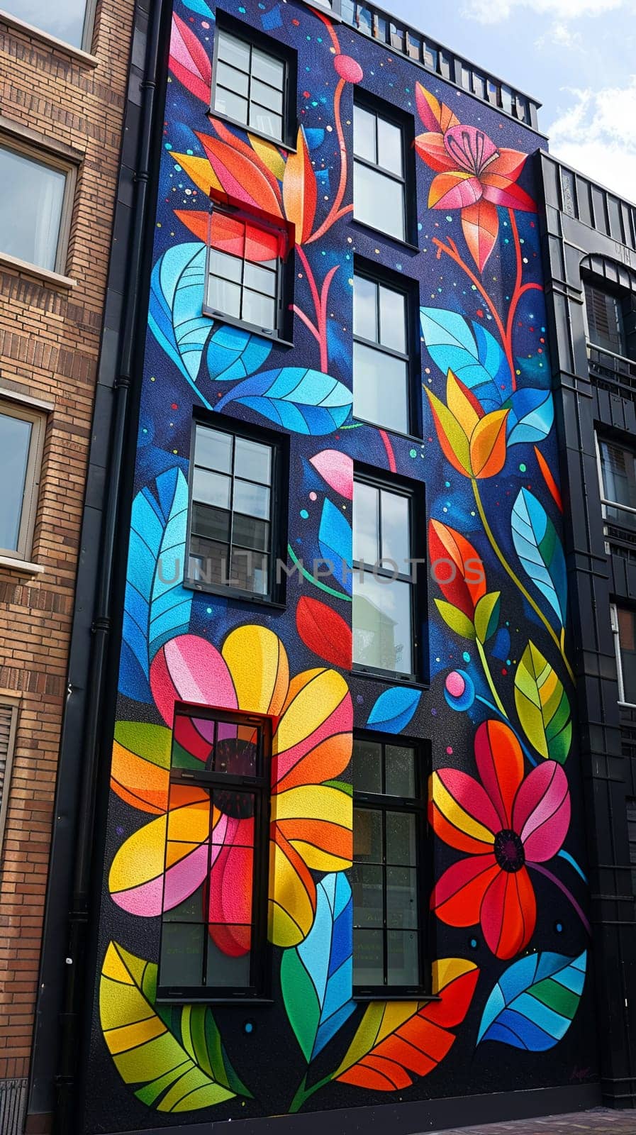 Vibrant Street Art Decorating Urban Building Exteriors, urban artistry bringing life to city walls.