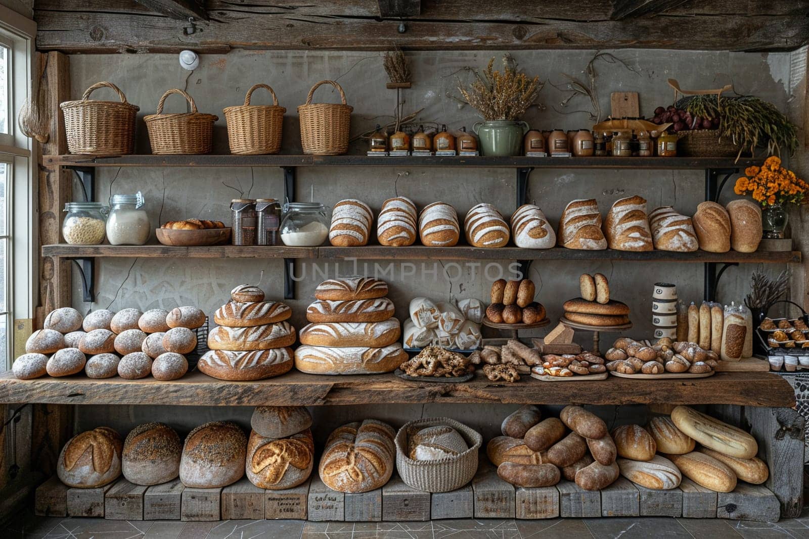 Rustic bread bakery with a wood-fired oven and artisan loaves.