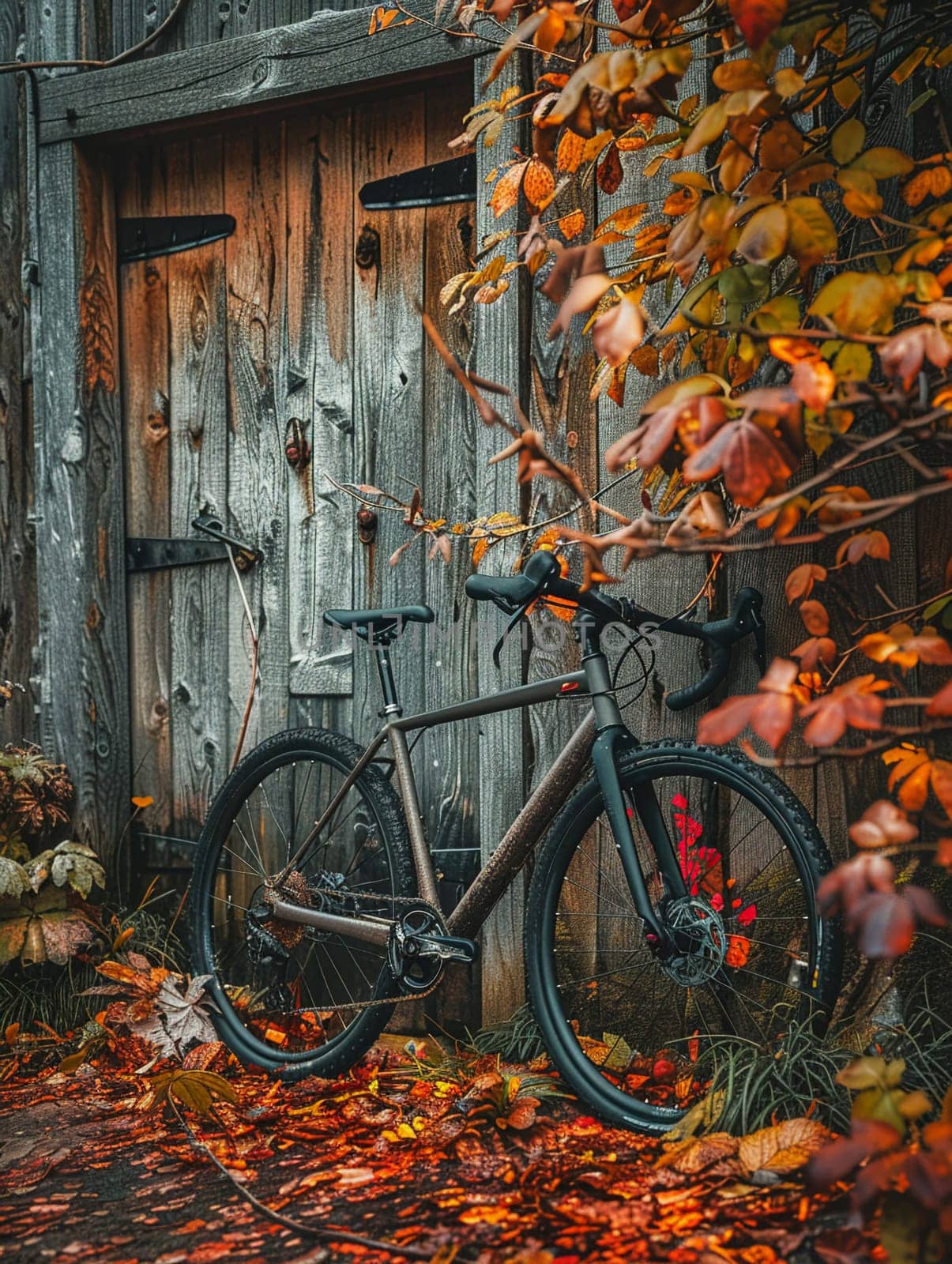 Bicycle leaning against rustic wall, conveying eco-friendly transportation and leisure.