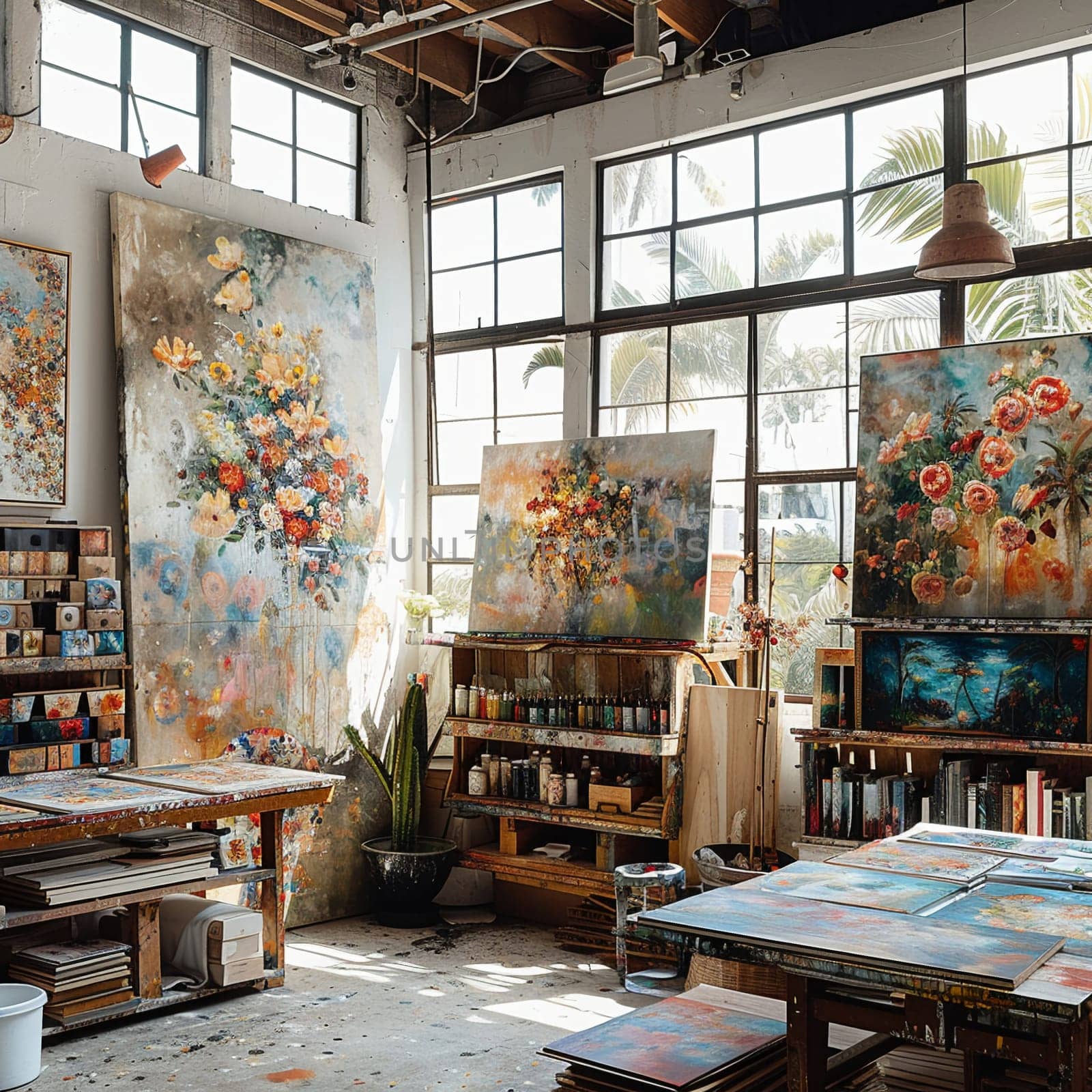 Contemporary art studio with large canvases and natural light flooding in