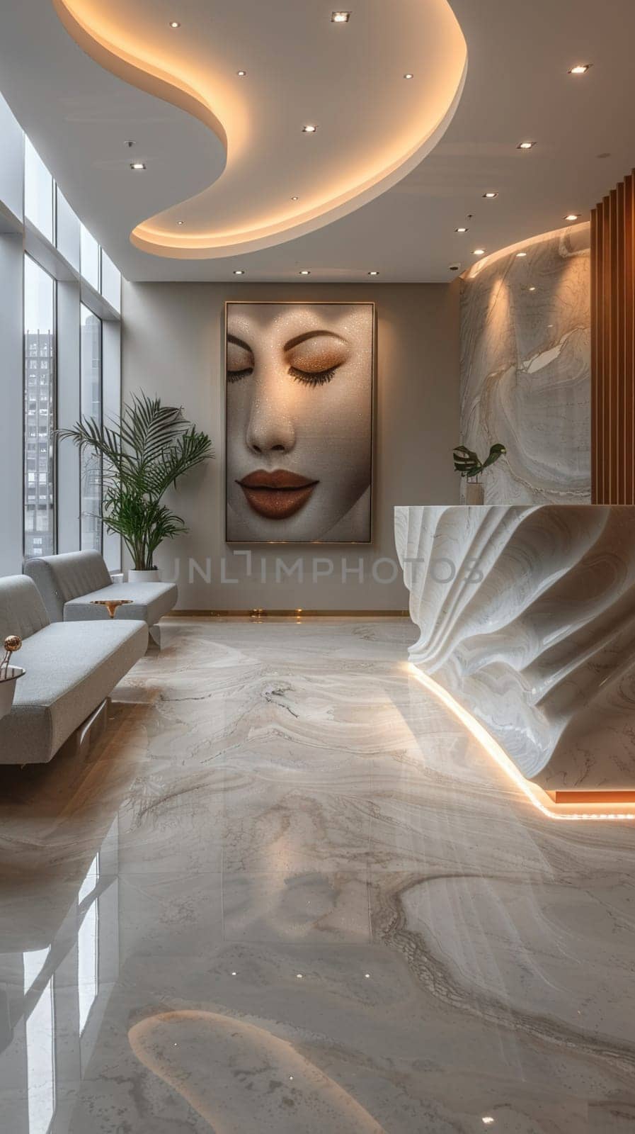 Elegant art gallery reception area with sculptural lighting, white walls, and modern art.