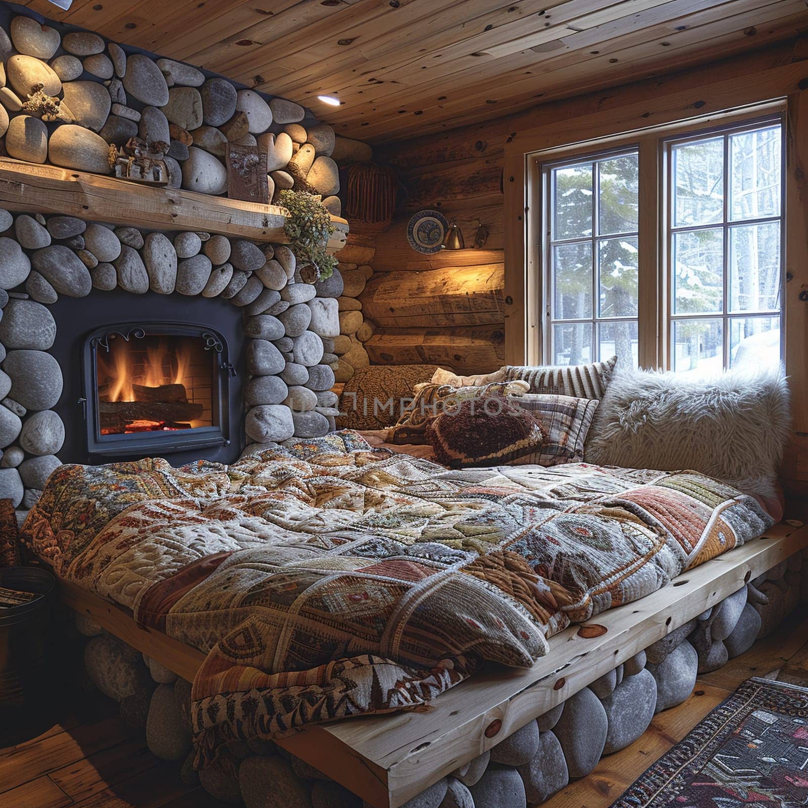 Cozy mountain cabin bedroom with a log bed quilted blankets by Benzoix