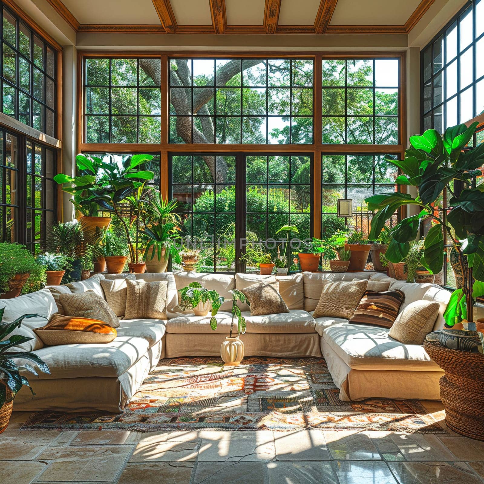 Bright and airy sunroom filled with plants and natural light.