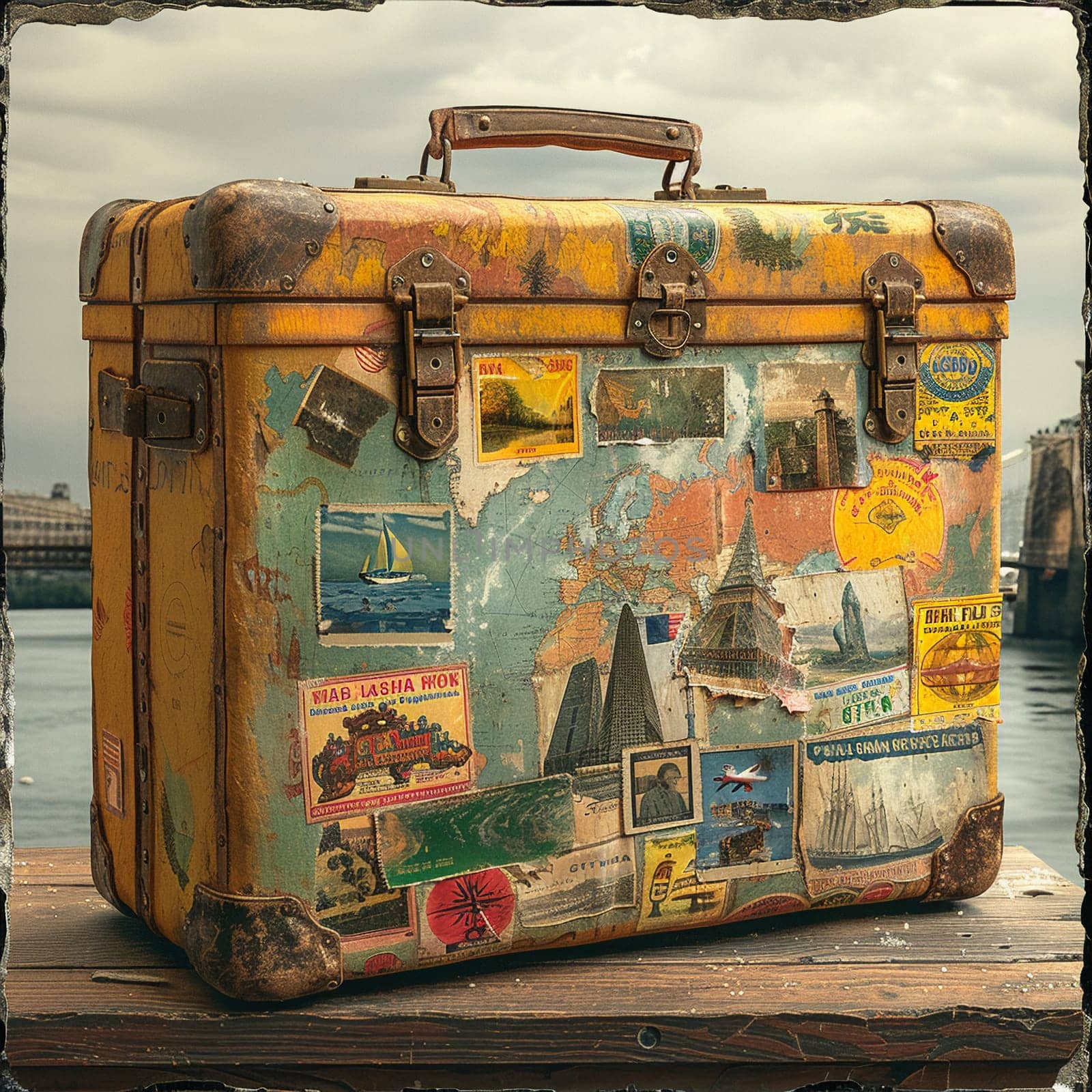 Vintage suitcase with travel stickers by Benzoix