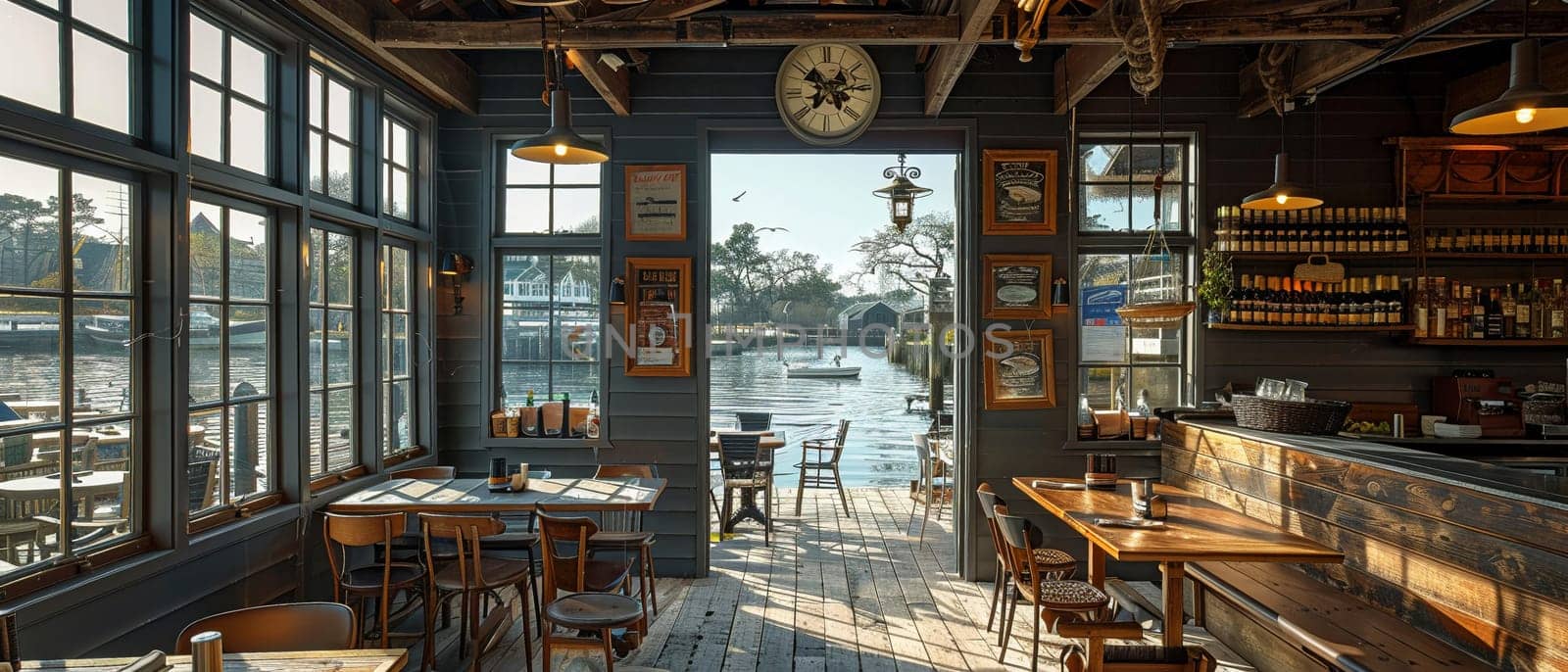 Seaside seafood restaurant with dockside views and nautical decor.