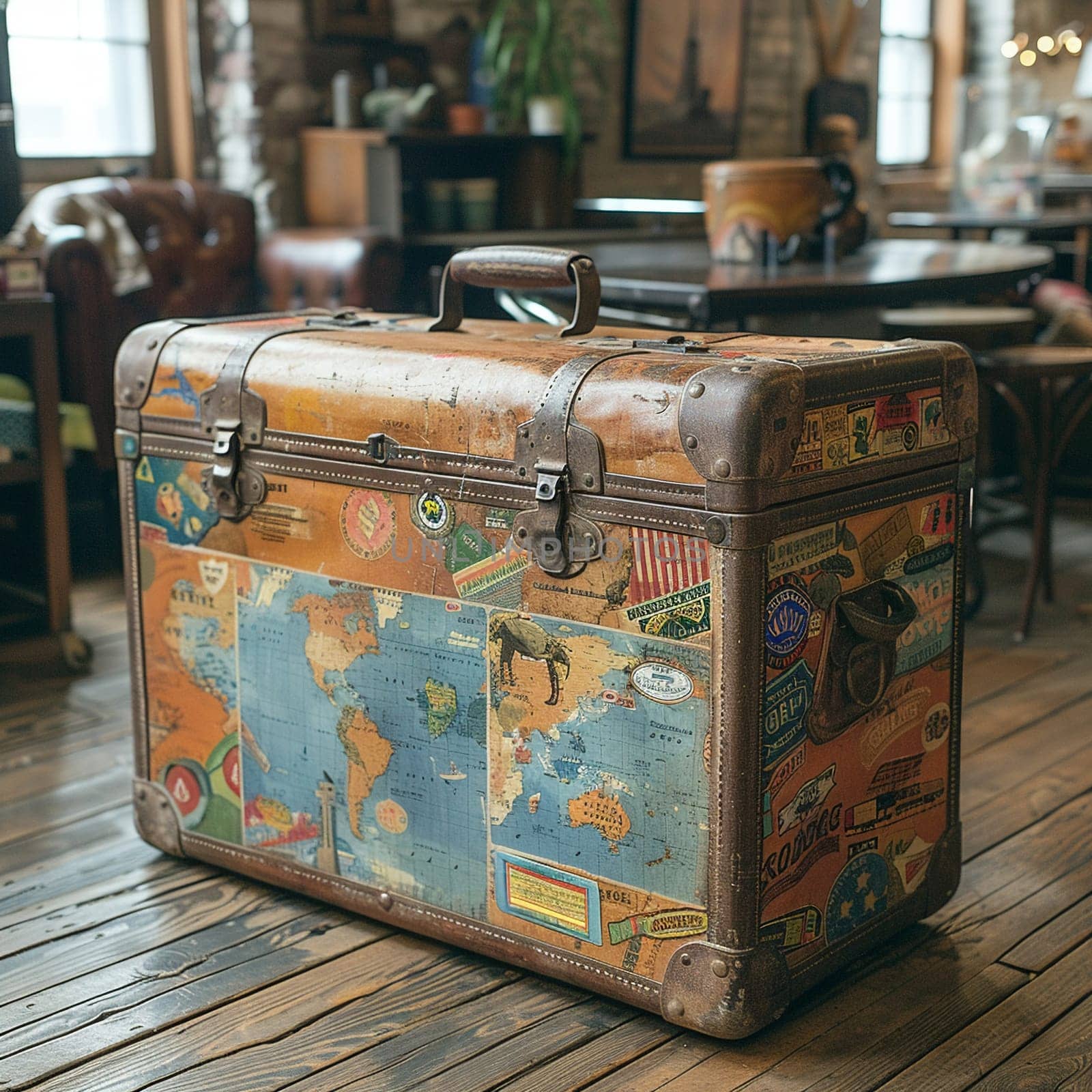 Vintage suitcase with travel stickers by Benzoix