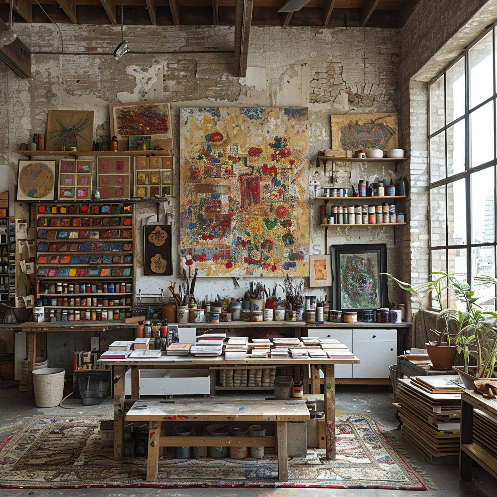 Eclectic artists studio with vibrant artwork and a variety of materials by Benzoix