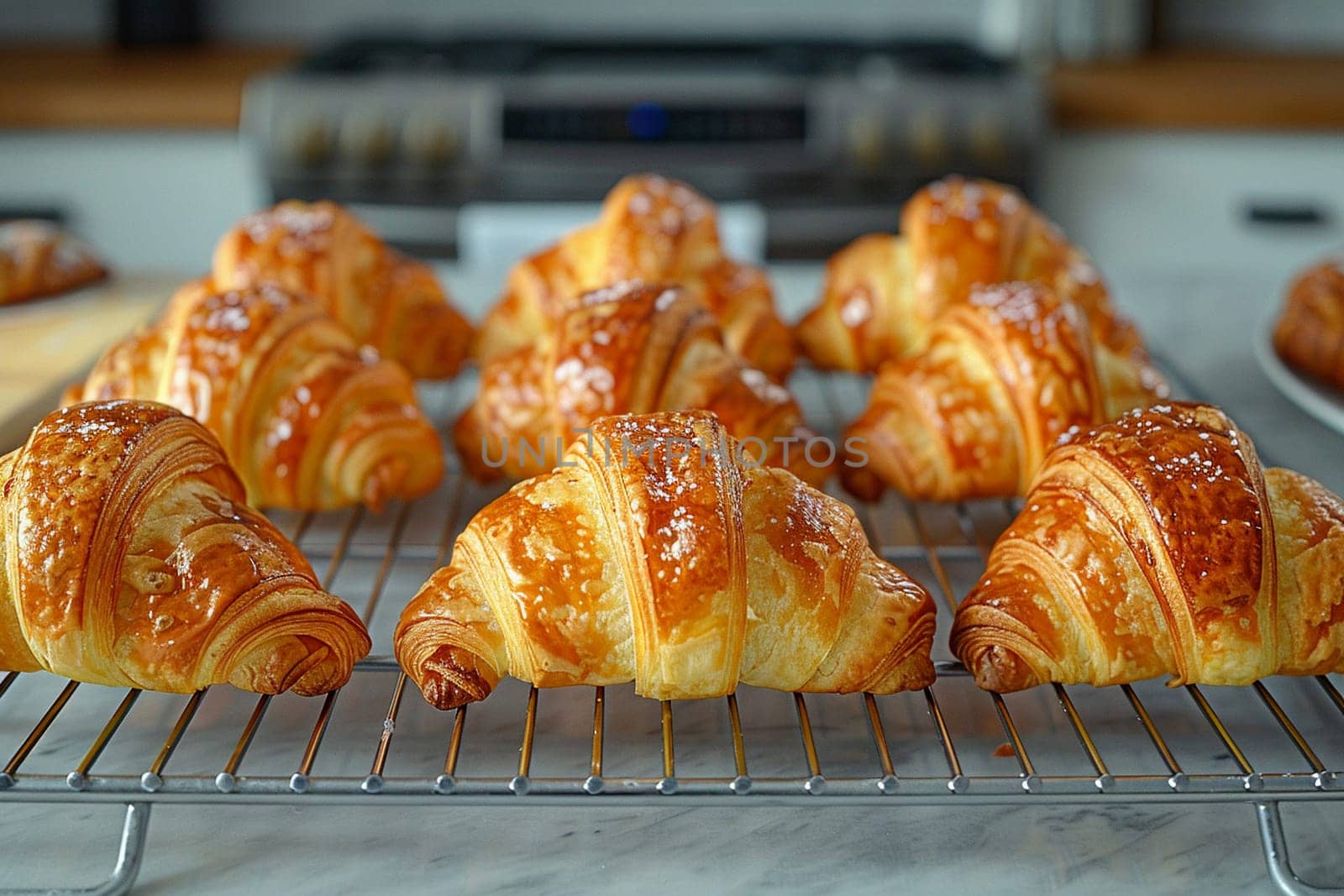 Freshly baked croissants on cooling rack by Benzoix