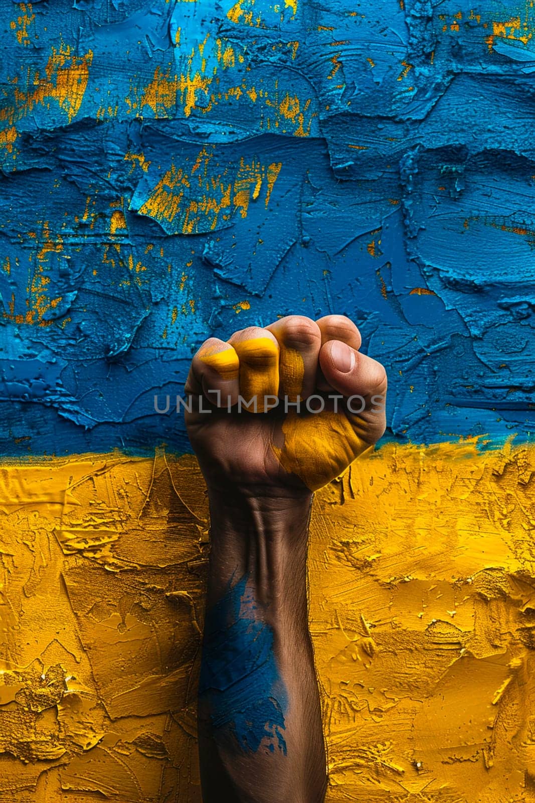 fist on the background of the Ukrainian flag. Selective focus. by yanadjana