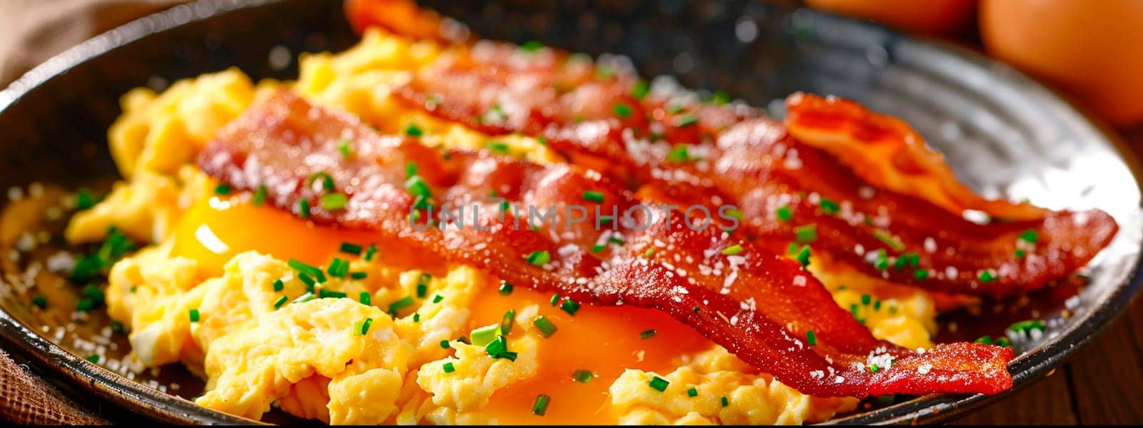 eggs and bacon on a plate. Selective focus. by yanadjana