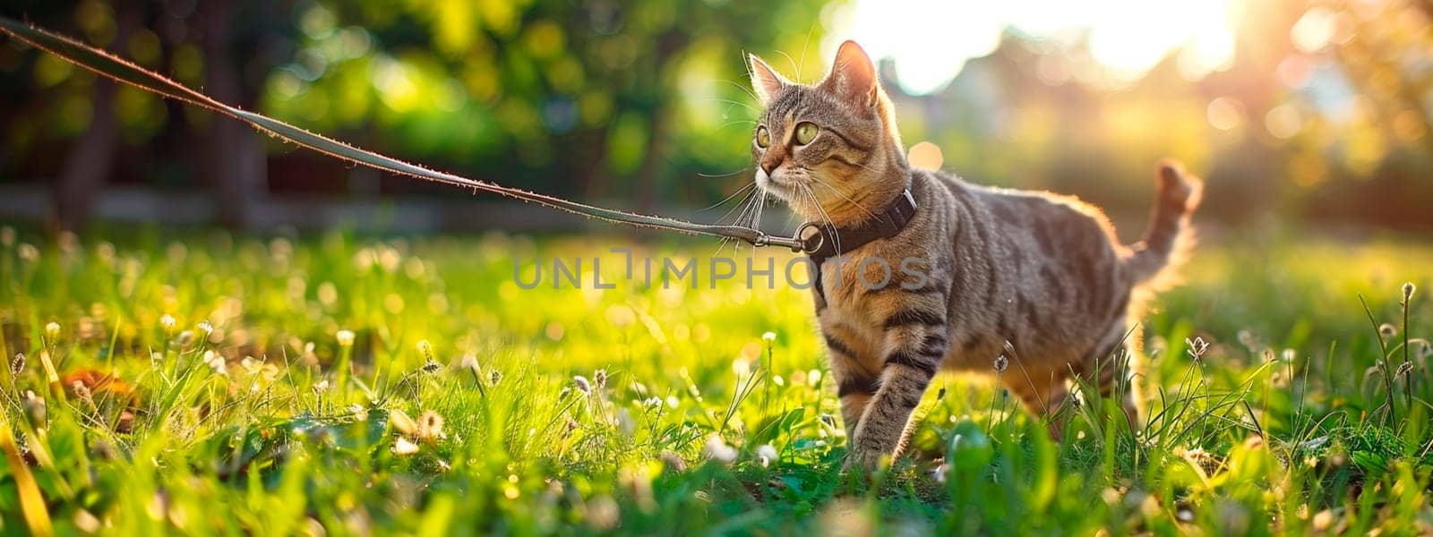 the cat walks on a leash in the park. Selective focus. animal.