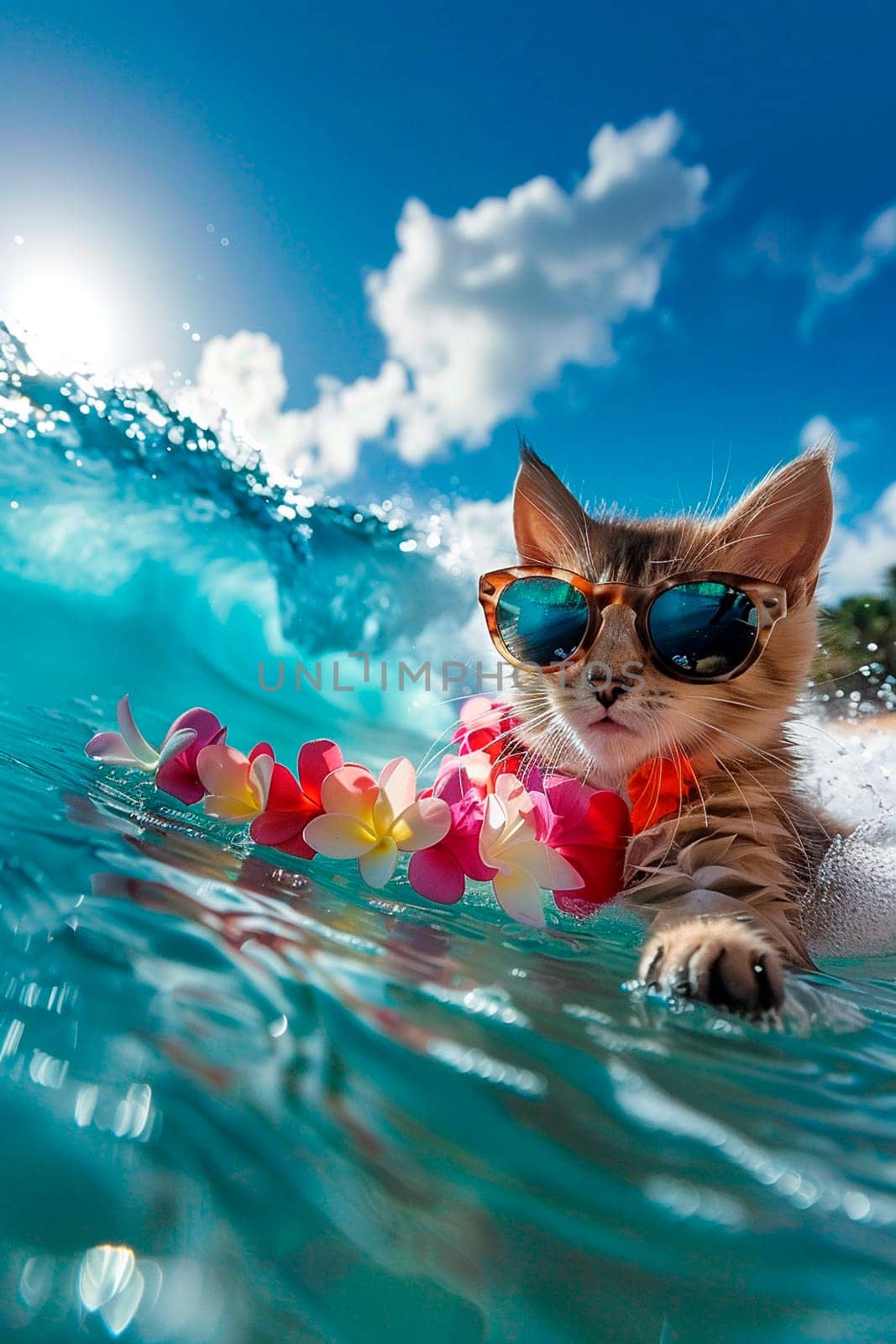 the cat swims on the surf. Selective focus. animal.