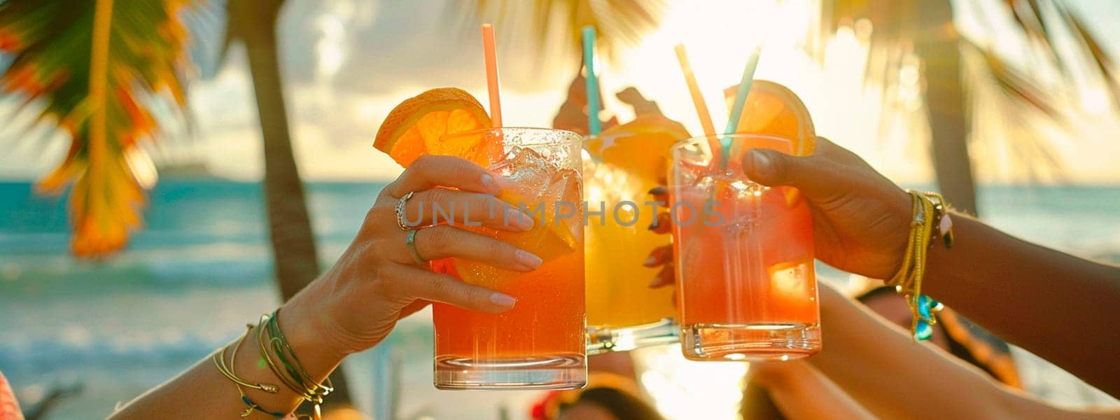 friends drinking cocktails on the beach. Selective focus. by yanadjana